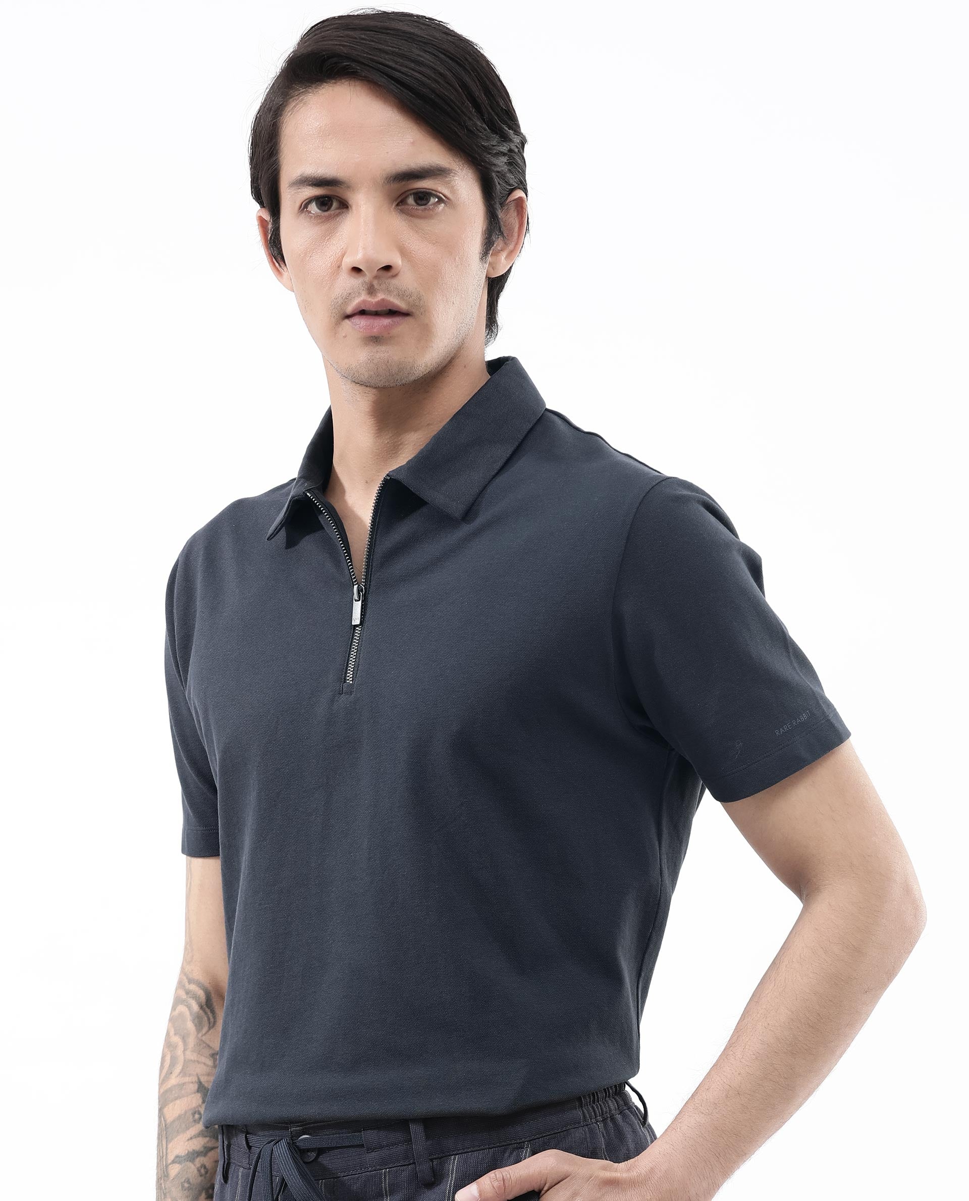 Rare Rabbit Men's Stan2 Dusky Navy Cotton Blend Plain Regular Fit Half Sleeve Polo - Image 4