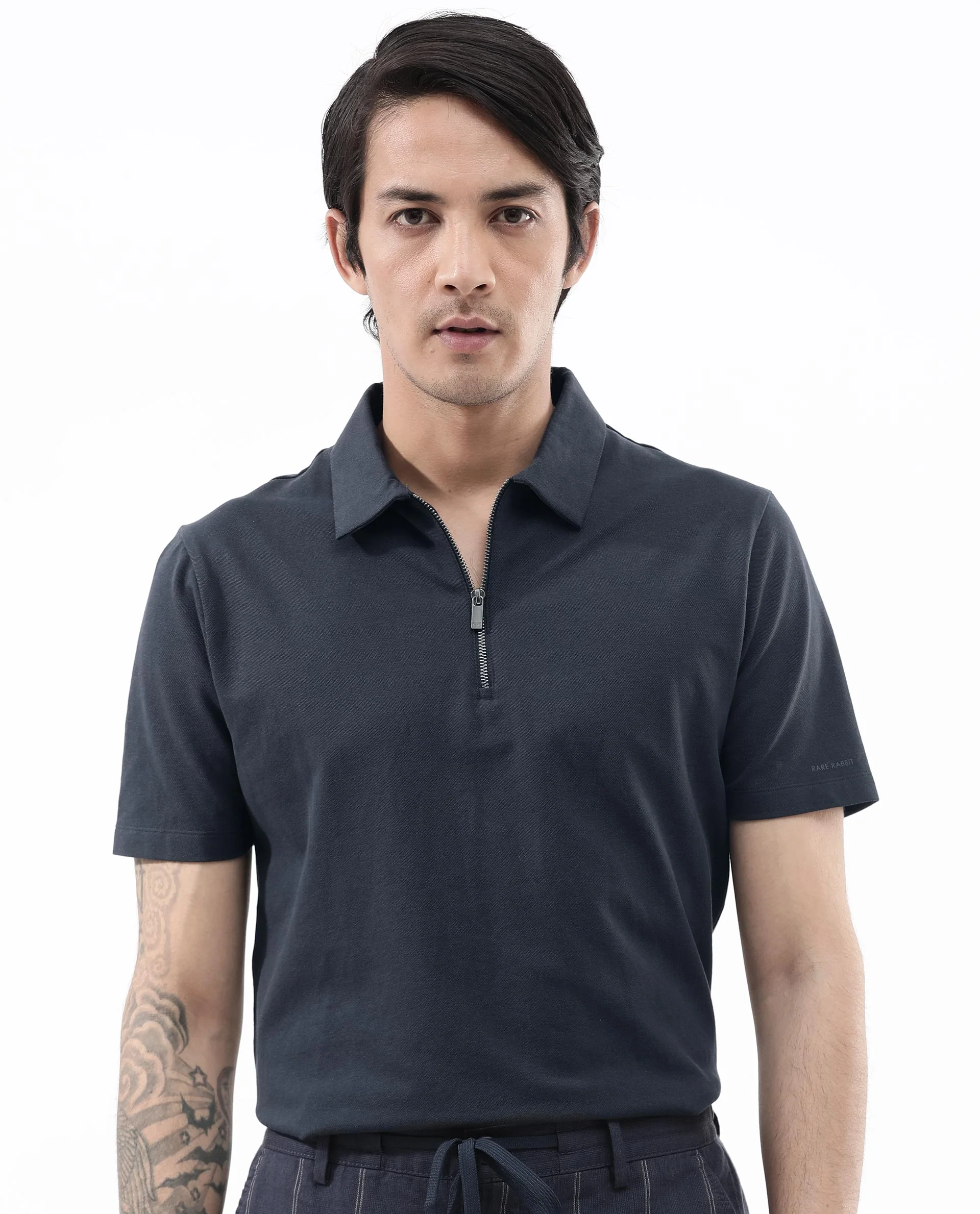 Rare Rabbit Men's Stan2 Dusky Navy Cotton Blend Plain Regular Fit Half Sleeve Polo - Image 7