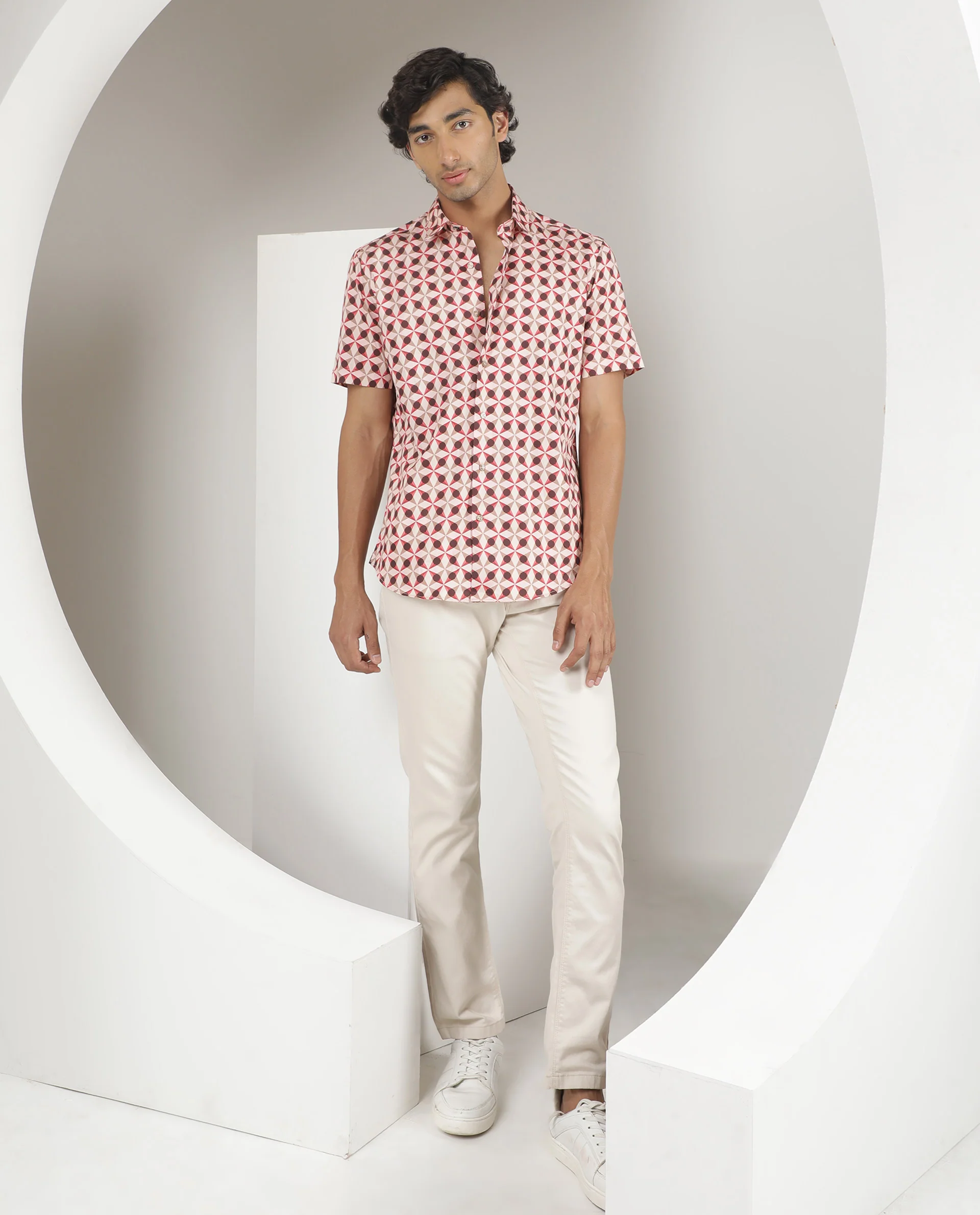 Rare Rabbit Men's Stanet Pink Cotton Geometric Print Regular Fit Half Sleeve Collared Shirt - Image 2