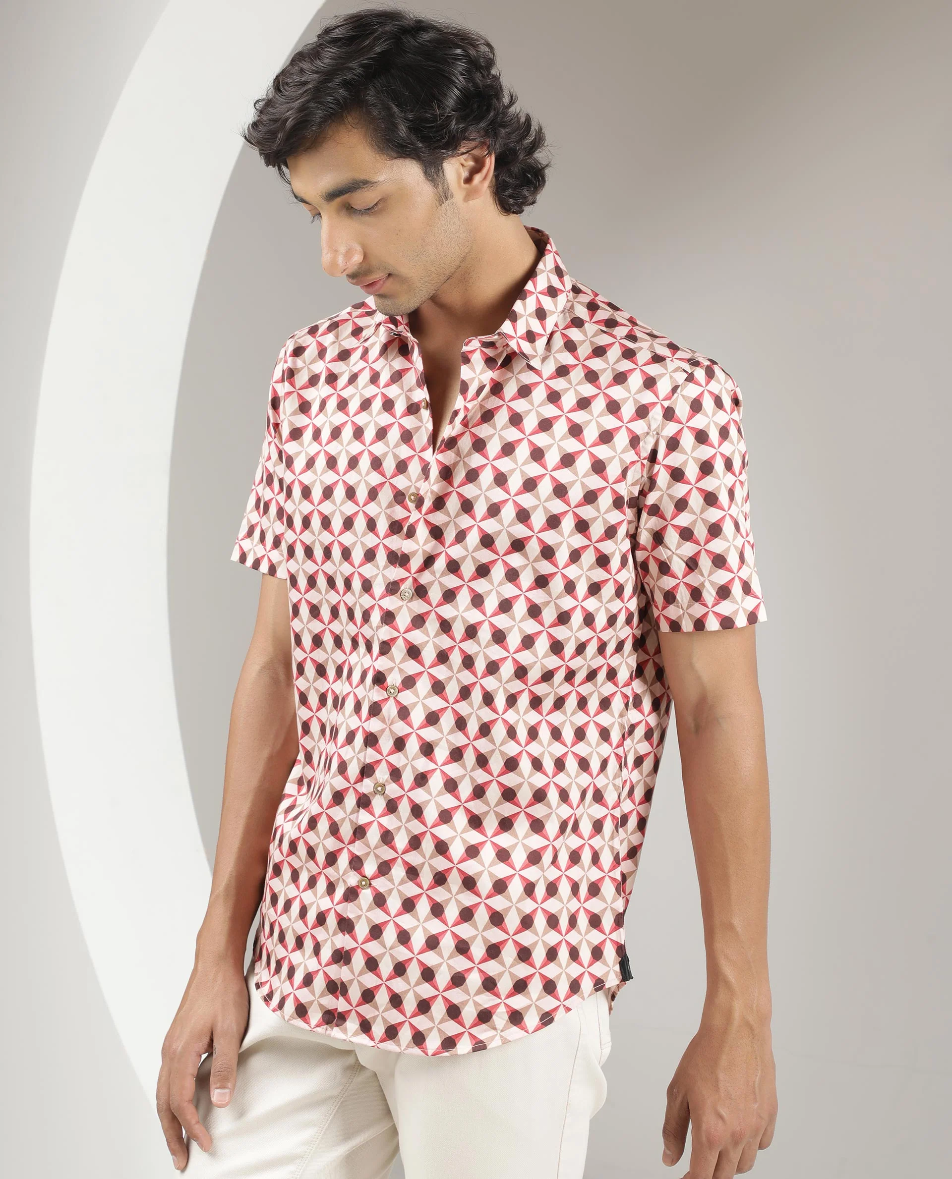 Rare Rabbit Men's Stanet Pink Cotton Geometric Print Regular Fit Half Sleeve Collared Shirt - Image 3