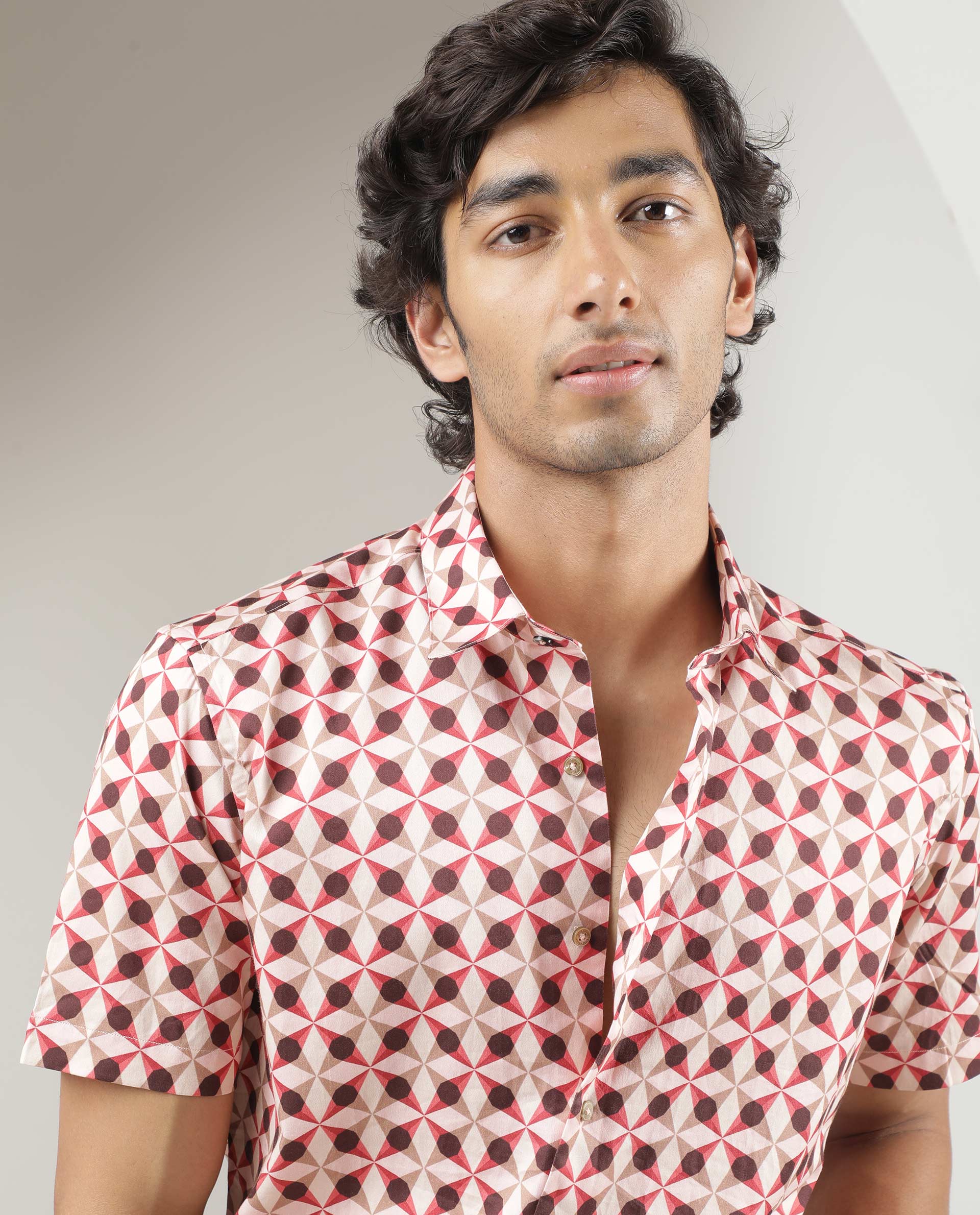 Rare Rabbit Men's Stanet Pink Cotton Geometric Print Regular Fit Half Sleeve Collared Shirt - Image 4
