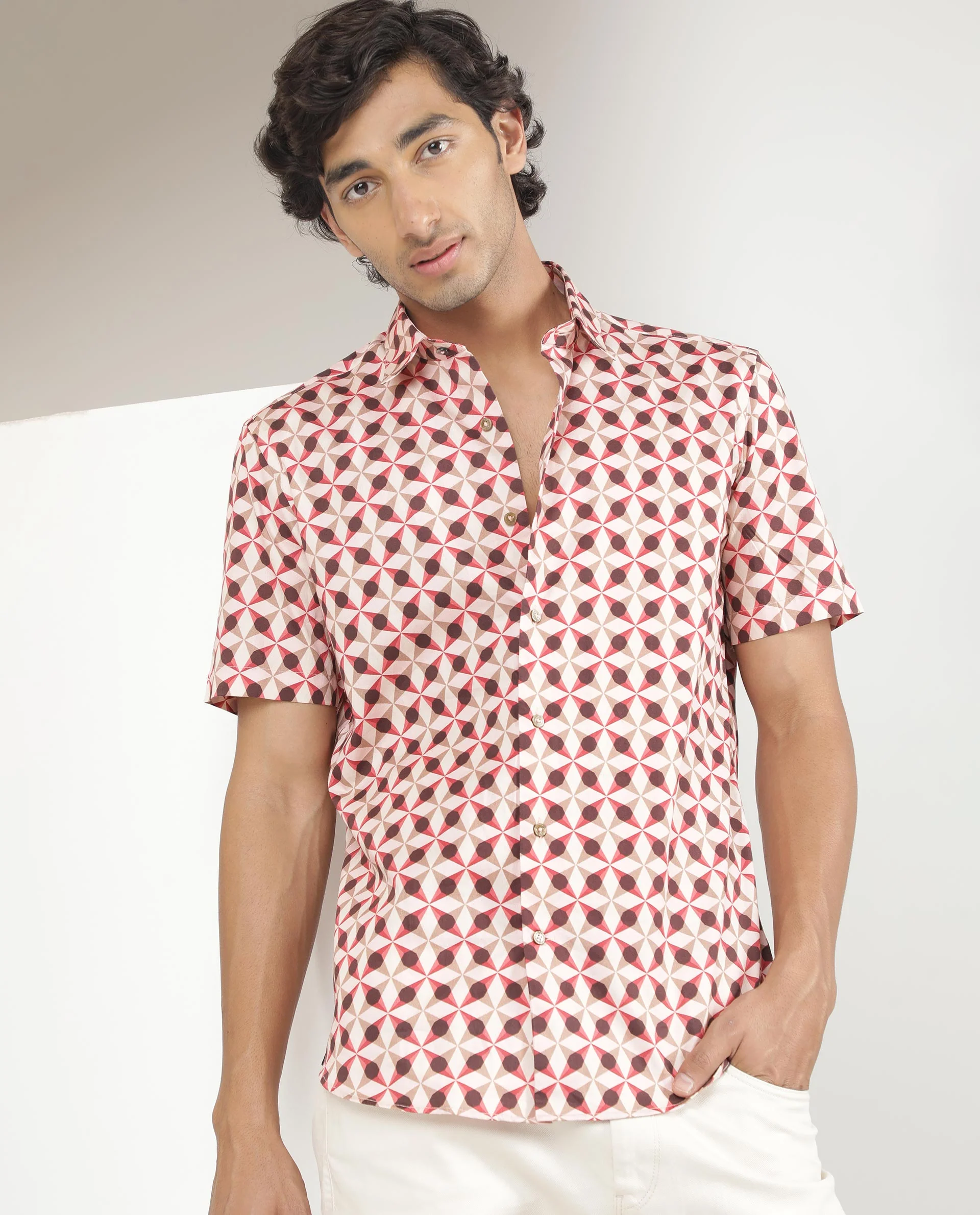 Rare Rabbit Men's Stanet Pink Cotton Geometric Print Regular Fit Half Sleeve Collared Shirt - Image 5