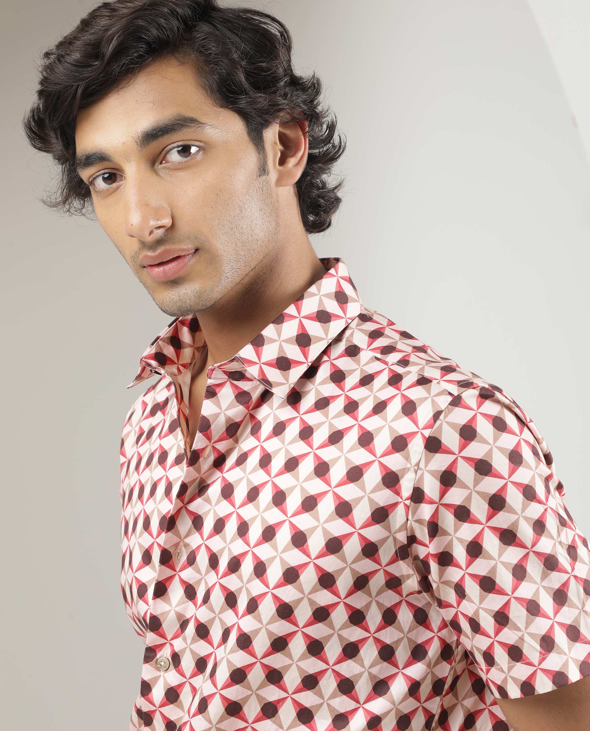 Rare Rabbit Men's Stanet Pink Cotton Geometric Print Regular Fit Half Sleeve Collared Shirt - Image 6