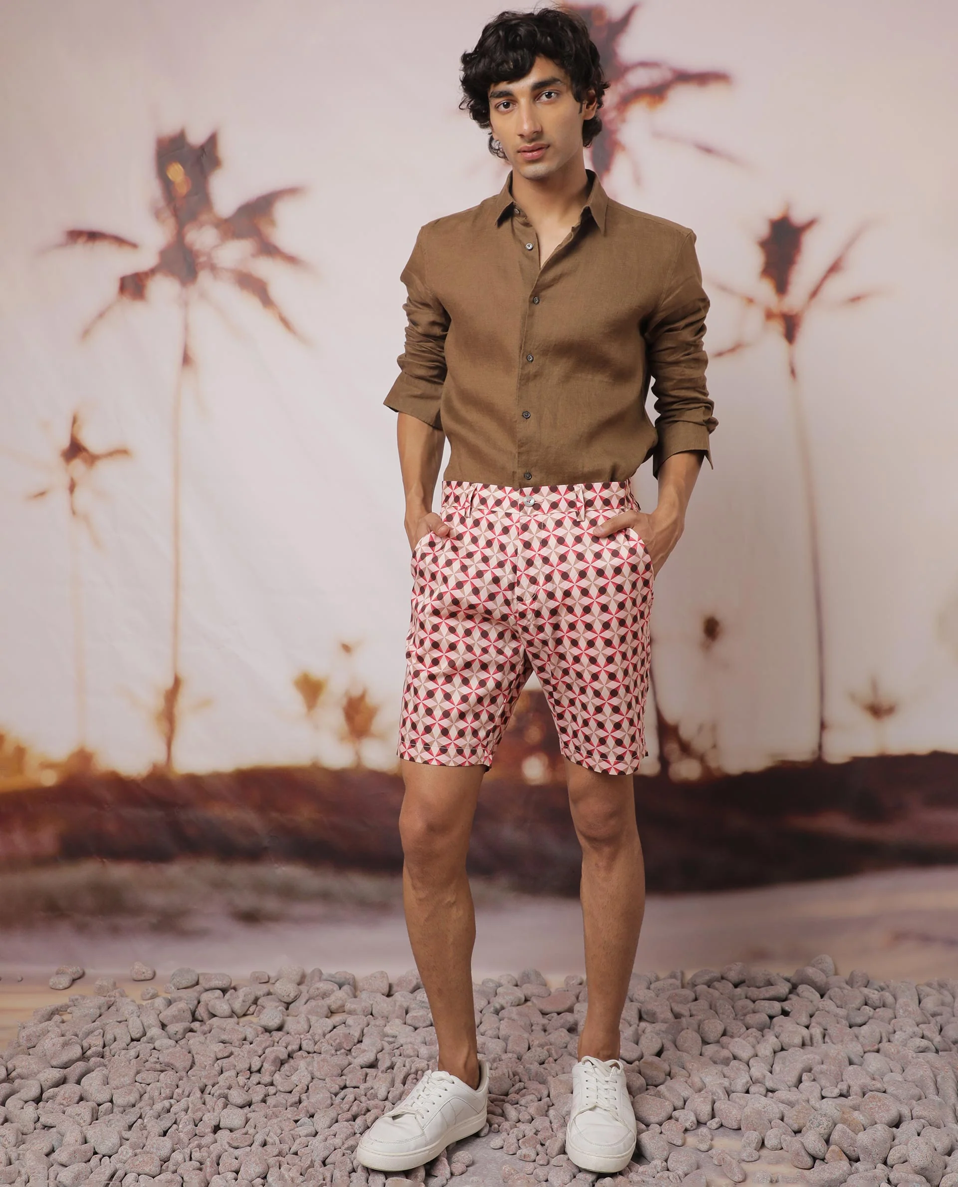 Rare Rabbit Men's Stany Pink Cotton Geometric Print Regular Fit Shorts - Image 2