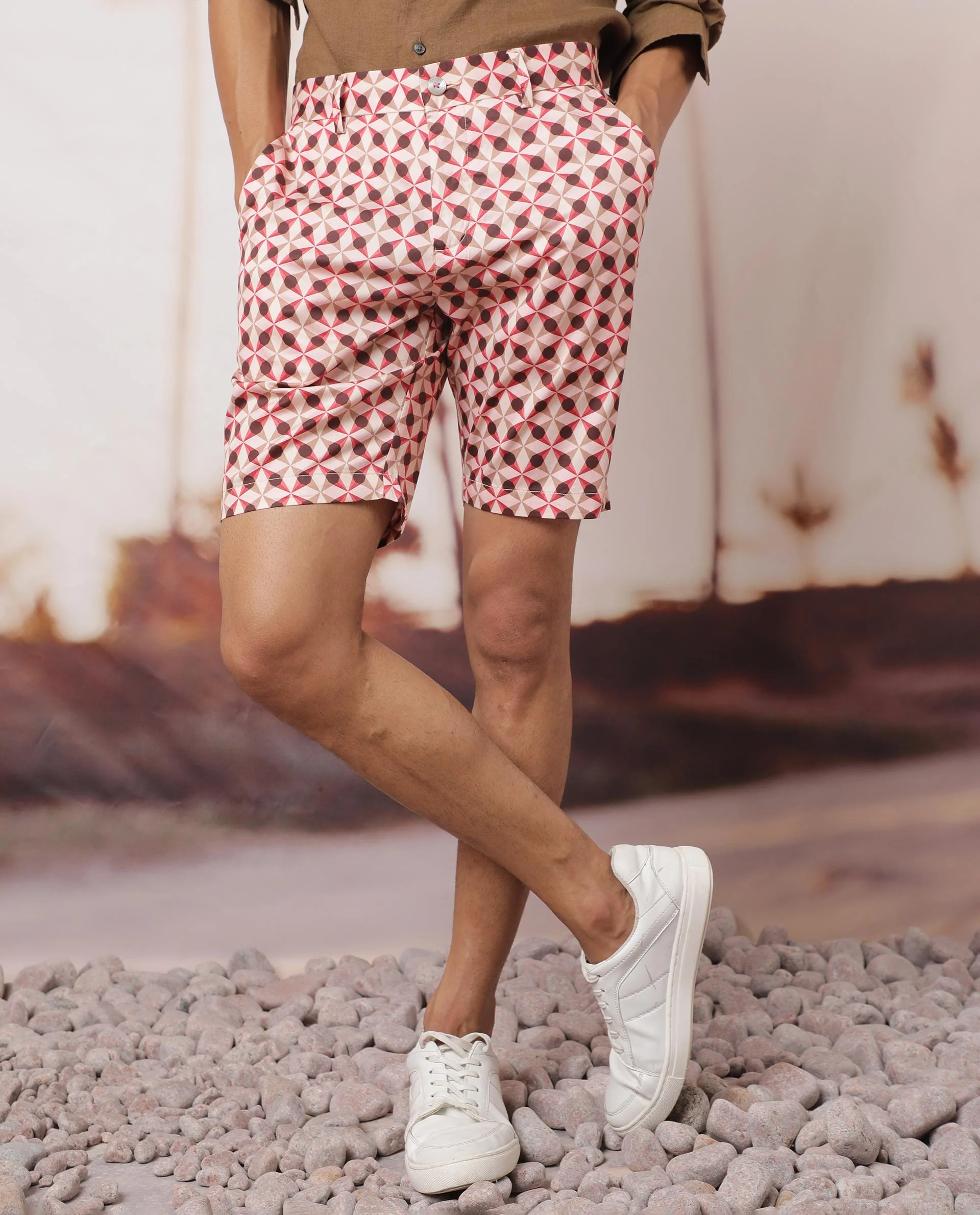 Rare Rabbit Men's Stany Pink Cotton Geometric Print Regular Fit Shorts - Image 3