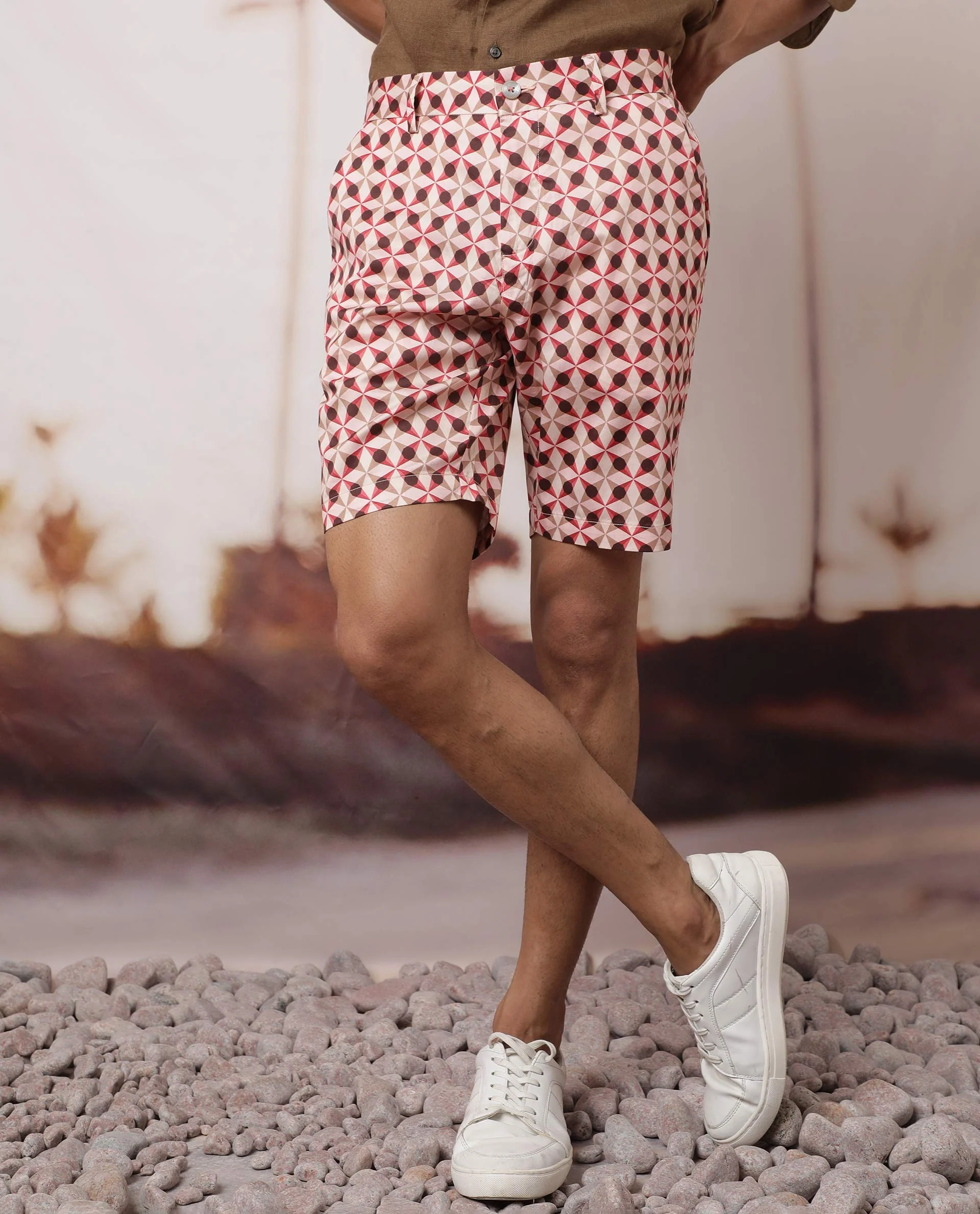 Rare Rabbit Men's Stany Pink Cotton Geometric Print Regular Fit Shorts - Image 4