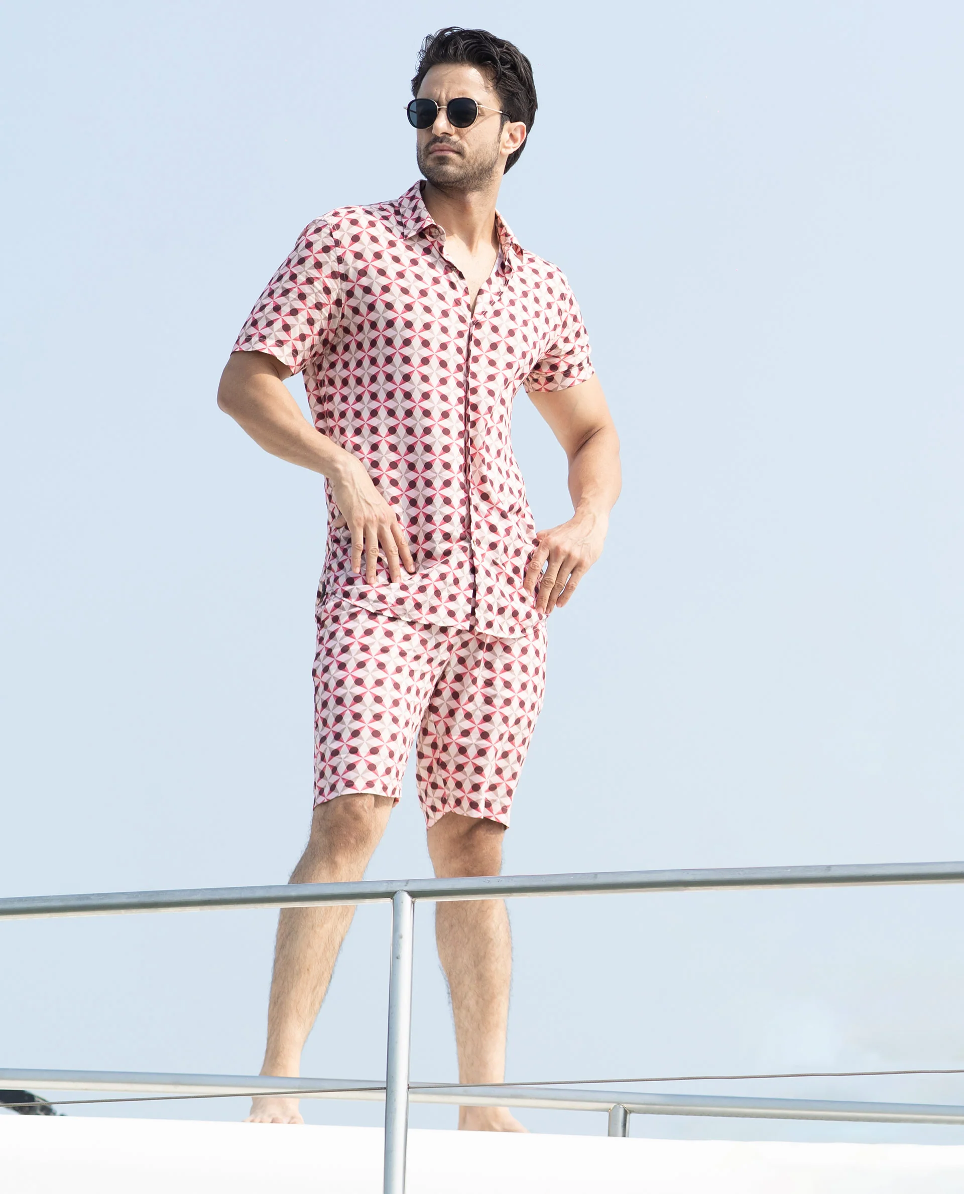 Rare Rabbit Men's Stany Pink Cotton Geometric Print Regular Fit Shorts - Image 7