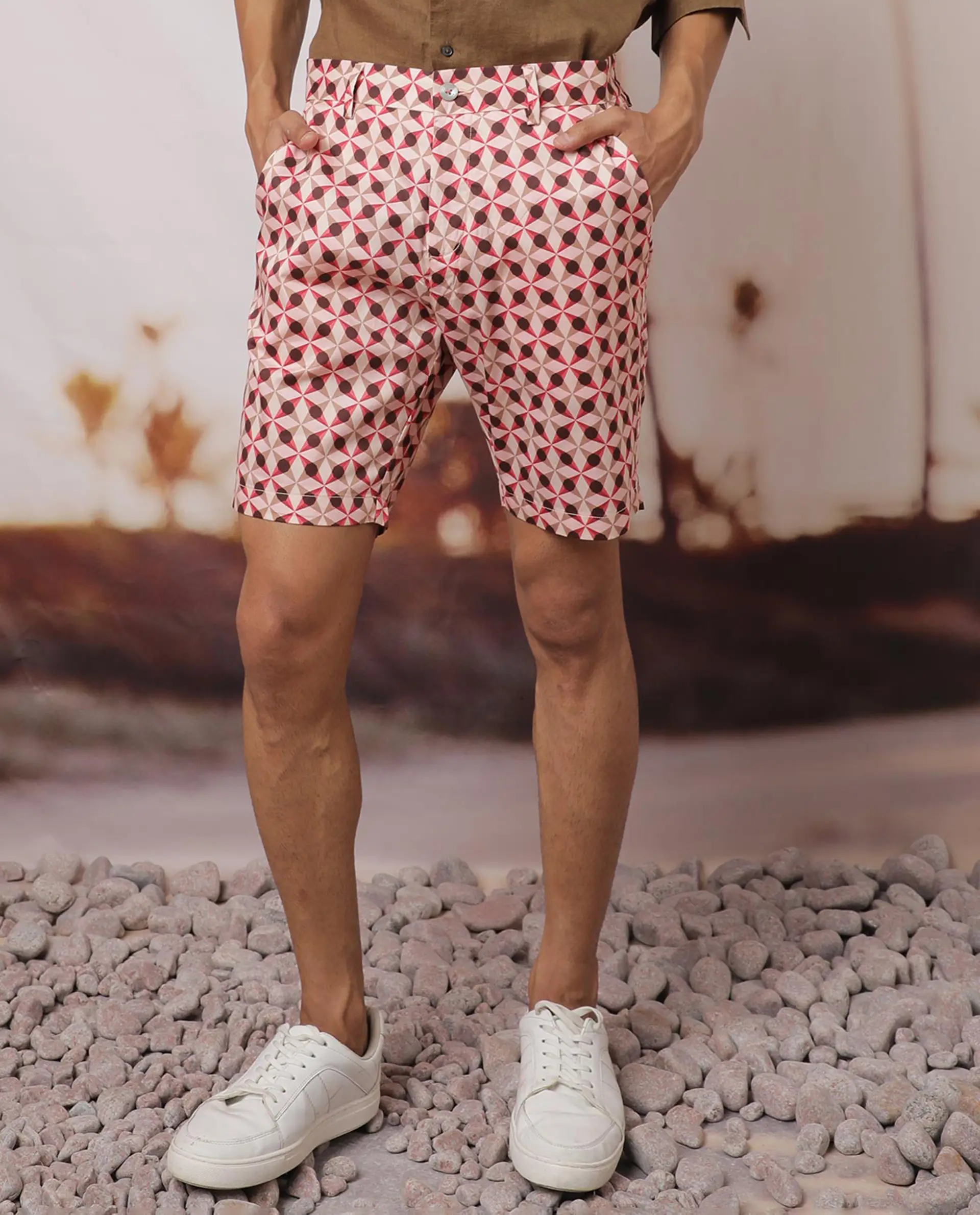 Rare Rabbit Men's Stany Pink Cotton Geometric Print Regular Fit Shorts - Image 8