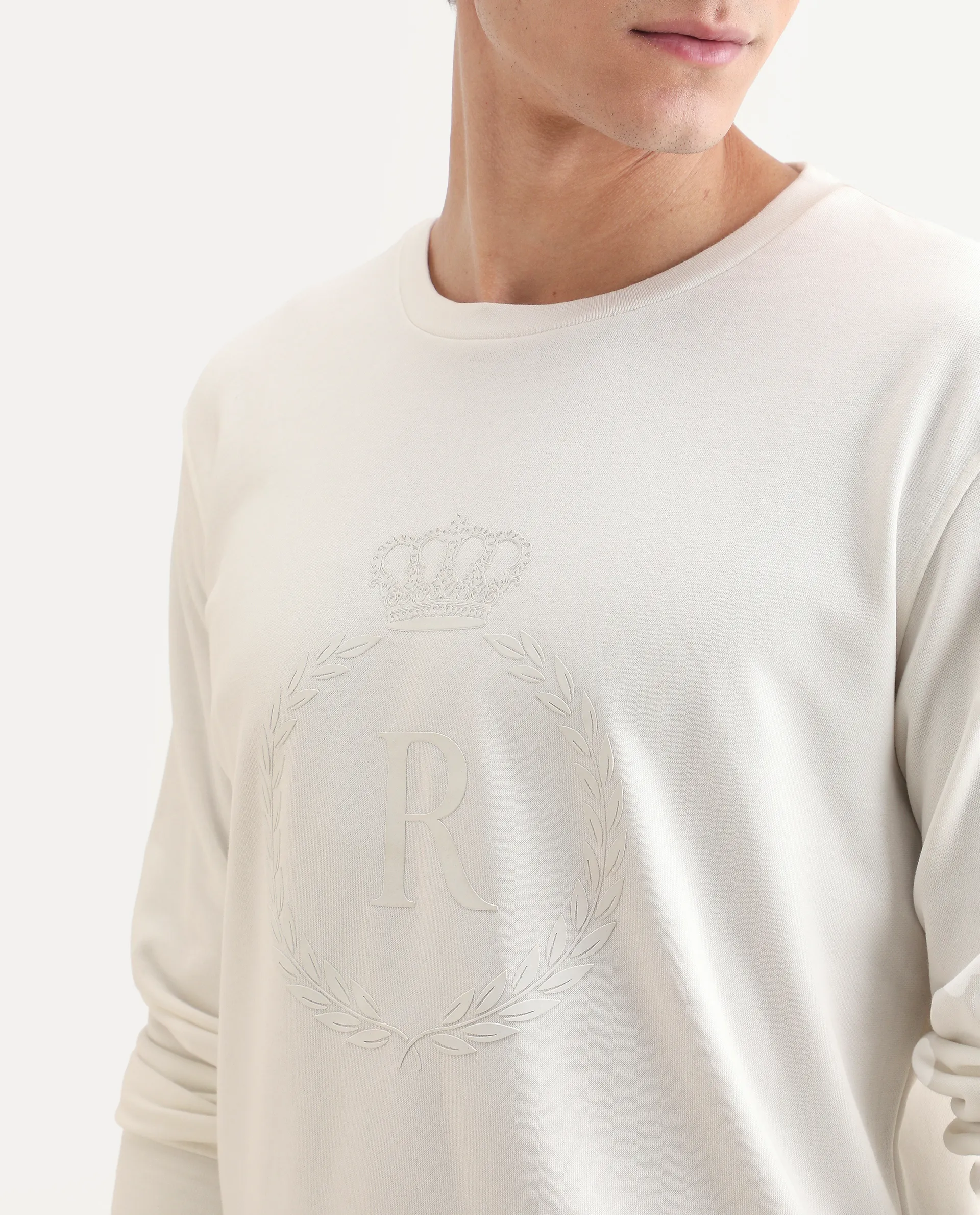 Rare Rabbit Men's Staple Off White Cotton Graphic Print Regular Fit Full Sleeve Crew Neck Sweatshirt - Image 3