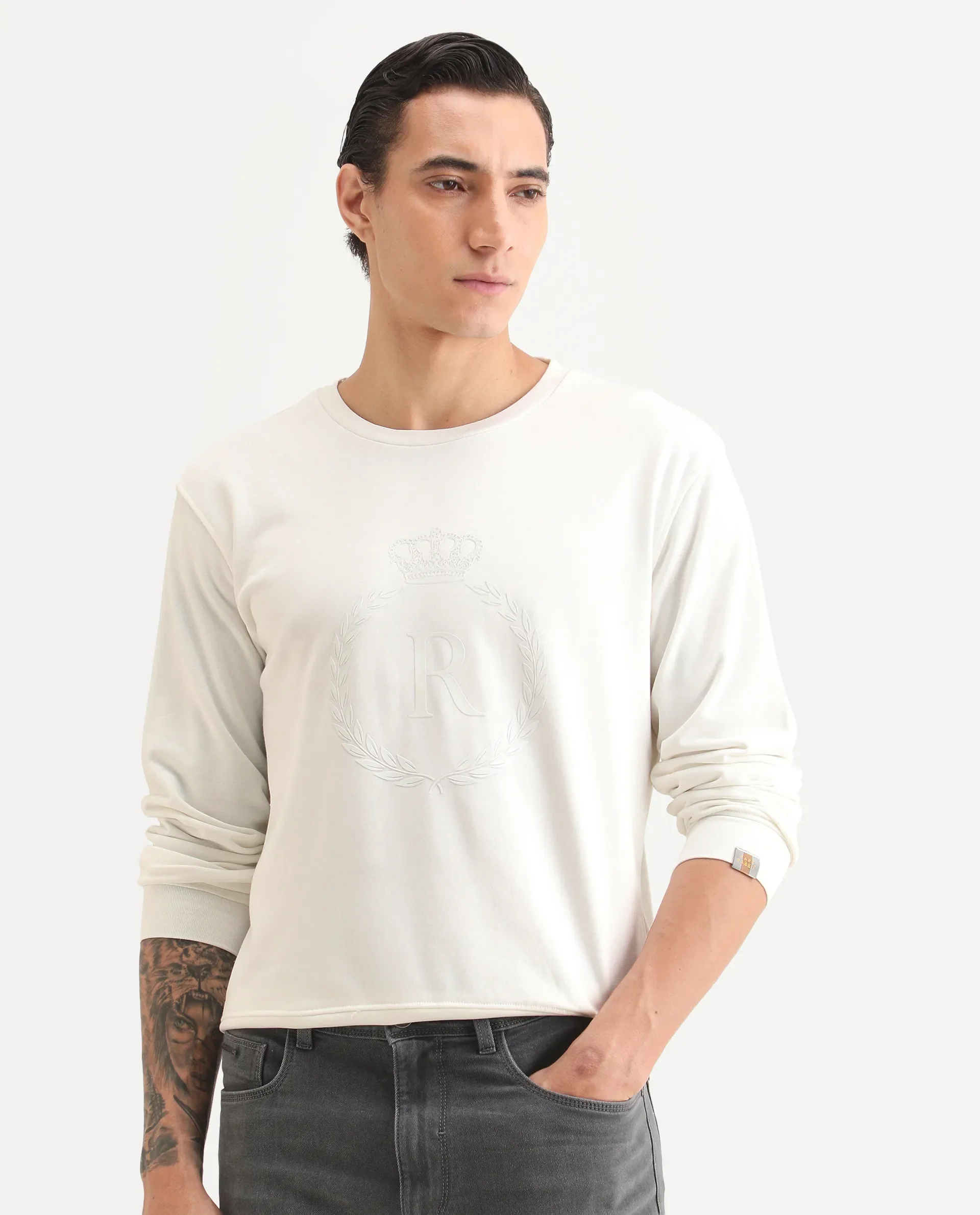 Rare Rabbit Men's Staple Off White Cotton Graphic Print Regular Fit Full Sleeve Crew Neck Sweatshirt - Image 4