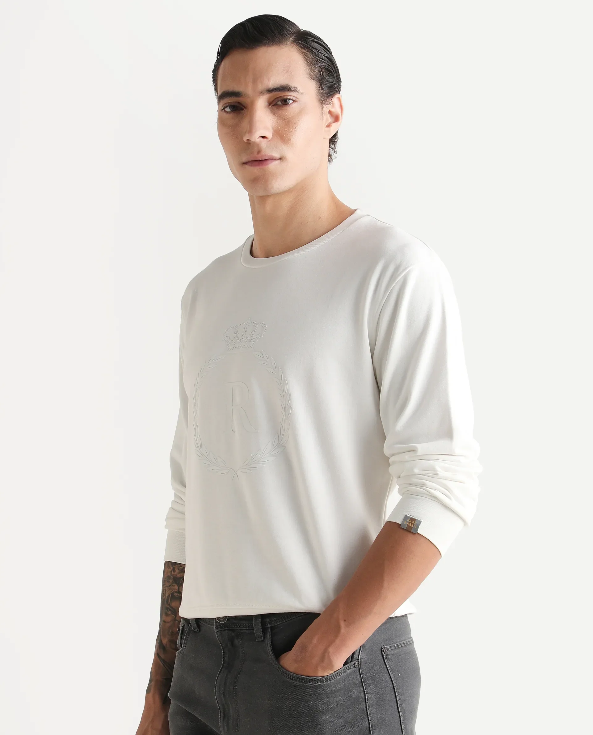Rare Rabbit Men's Staple Off White Cotton Graphic Print Regular Fit Full Sleeve Crew Neck Sweatshirt - Image 5