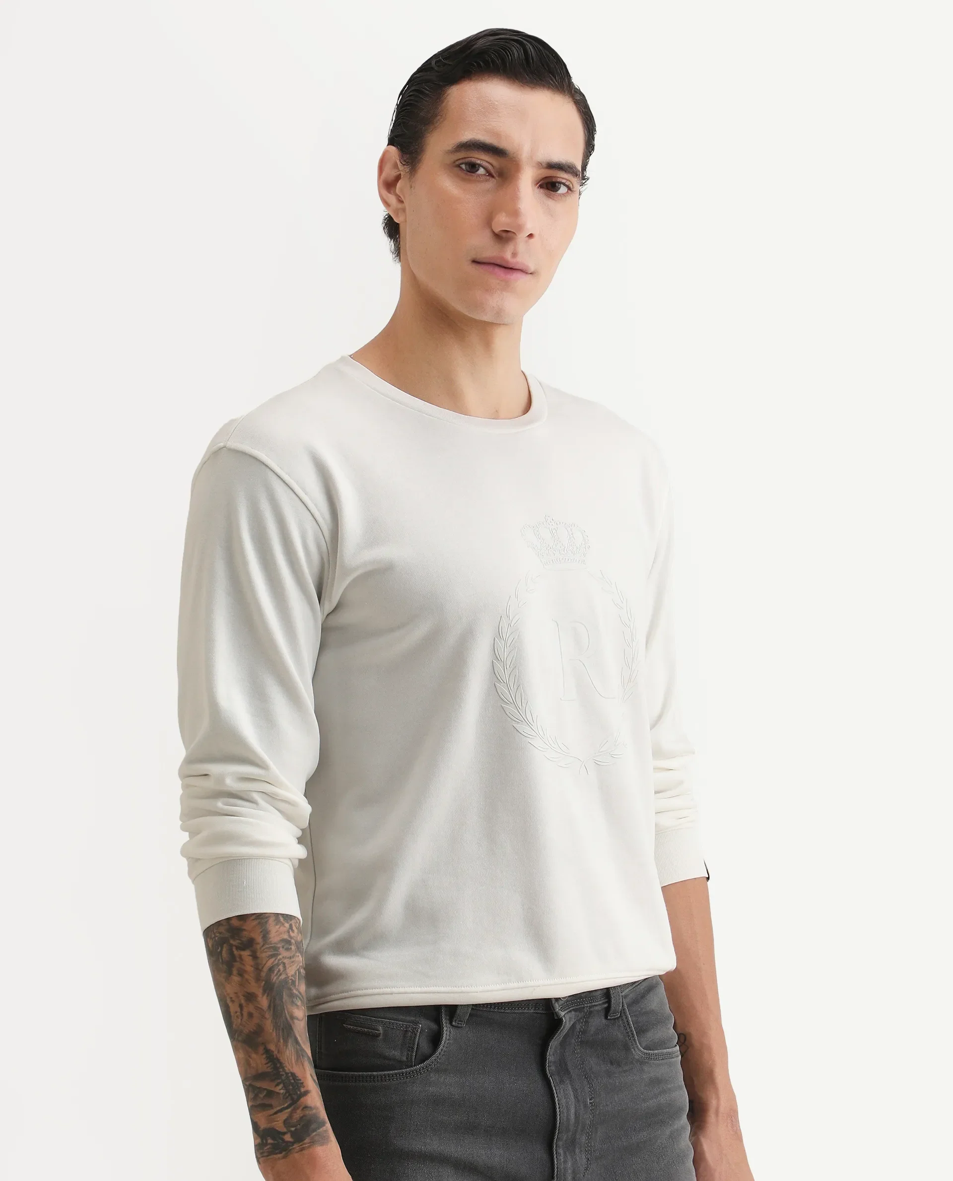 Rare Rabbit Men's Staple Off White Cotton Graphic Print Regular Fit Full Sleeve Crew Neck Sweatshirt - Image 6