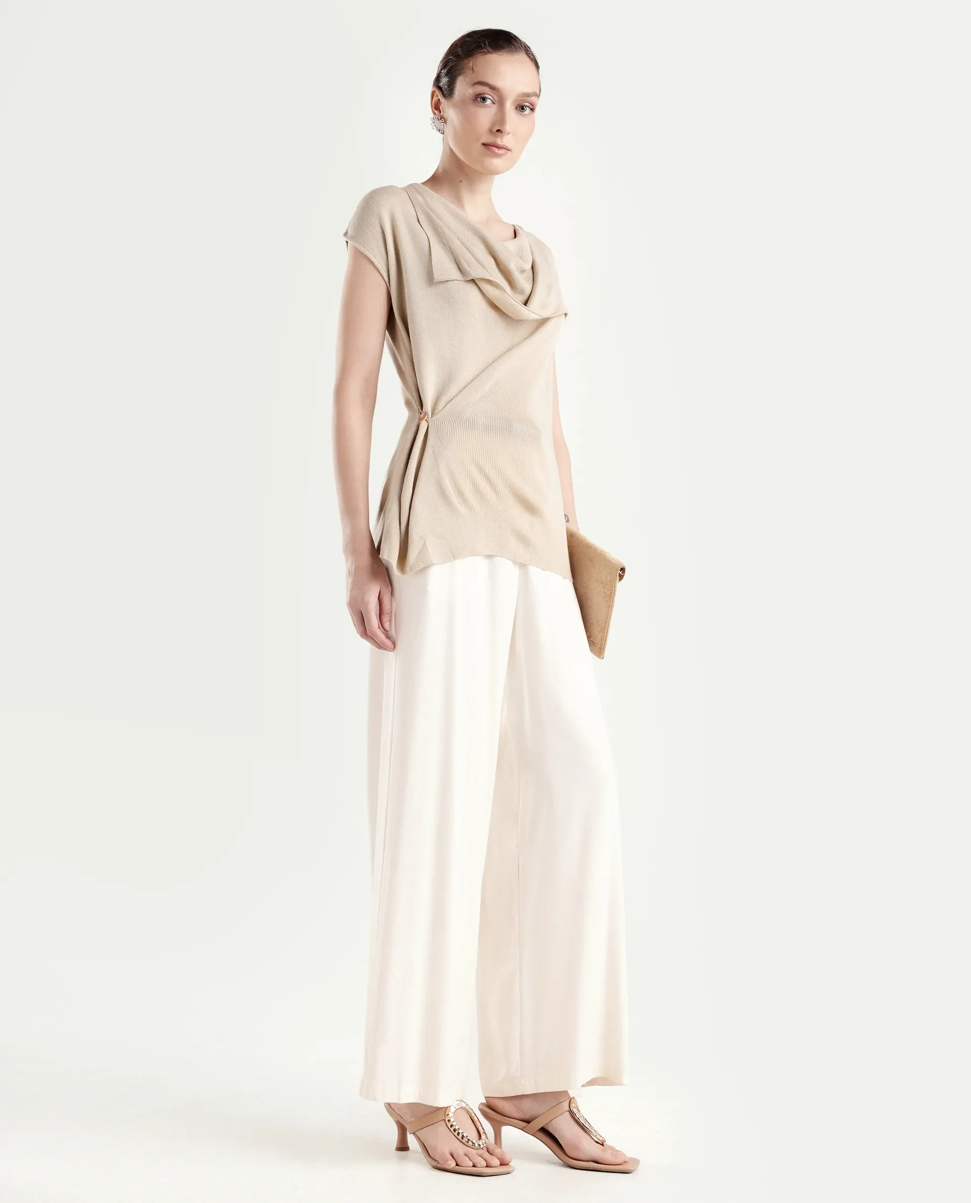 Rareism Women's Star Beige Viscose Blend Half Sleeve Cowl Neck Relaxed Fit Plain Top - Image 2