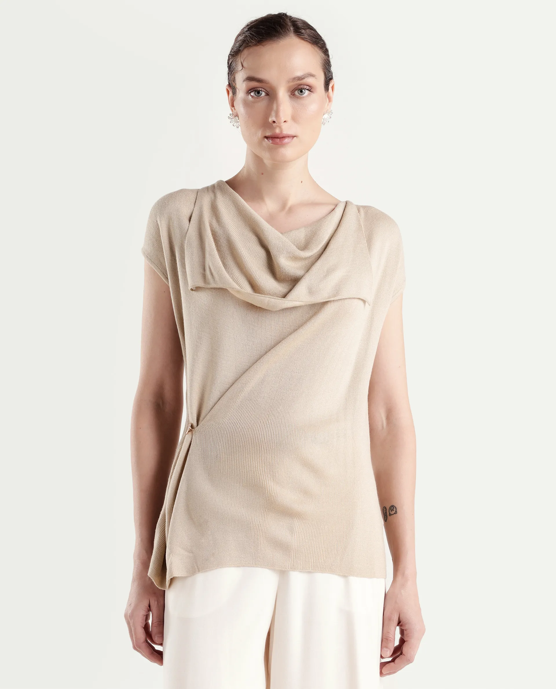 Rareism Women's Star Beige Viscose Blend Half Sleeve Cowl Neck Relaxed Fit Plain Top - Image 3