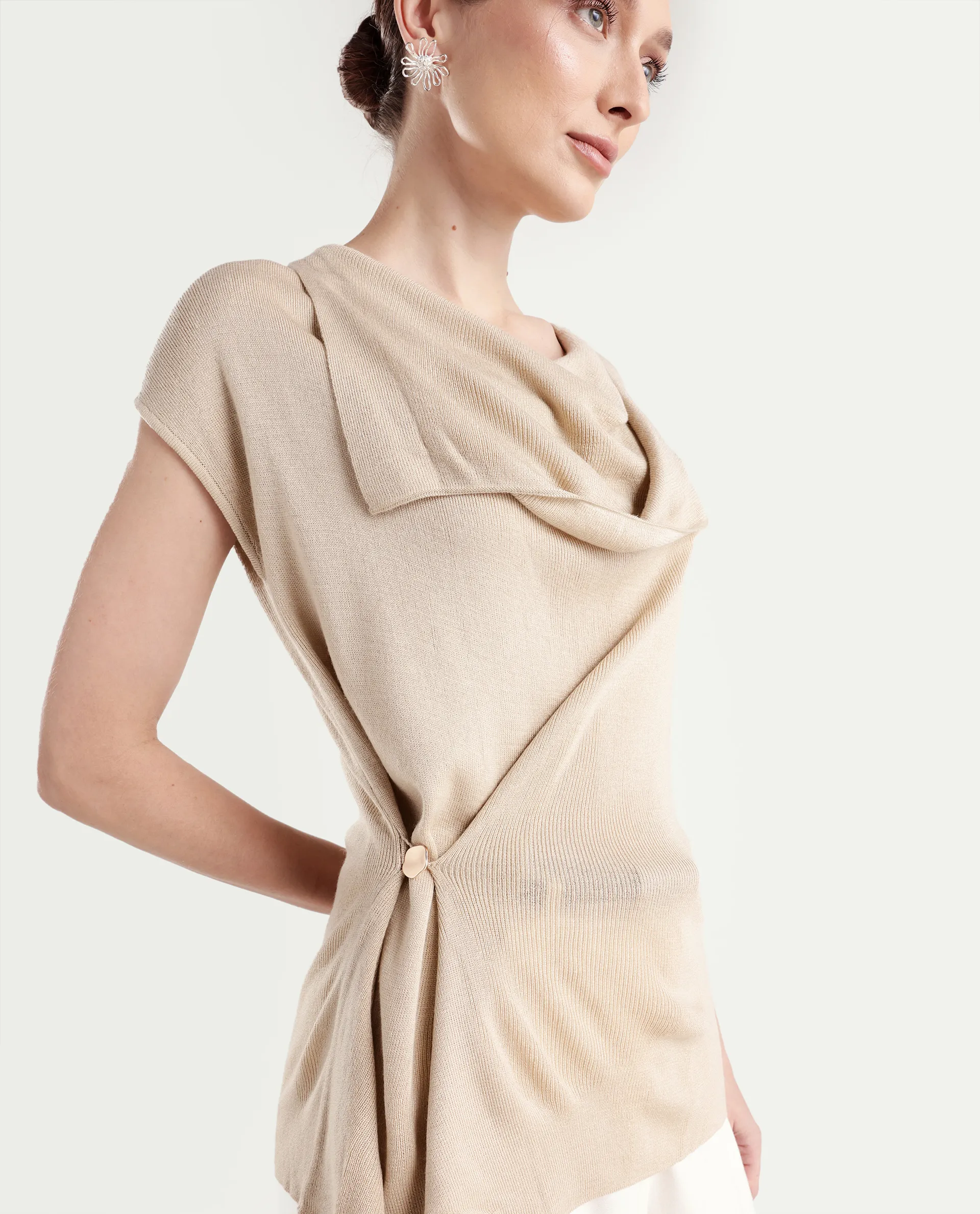 Rareism Women's Star Beige Viscose Blend Half Sleeve Cowl Neck Relaxed Fit Plain Top - Image 4
