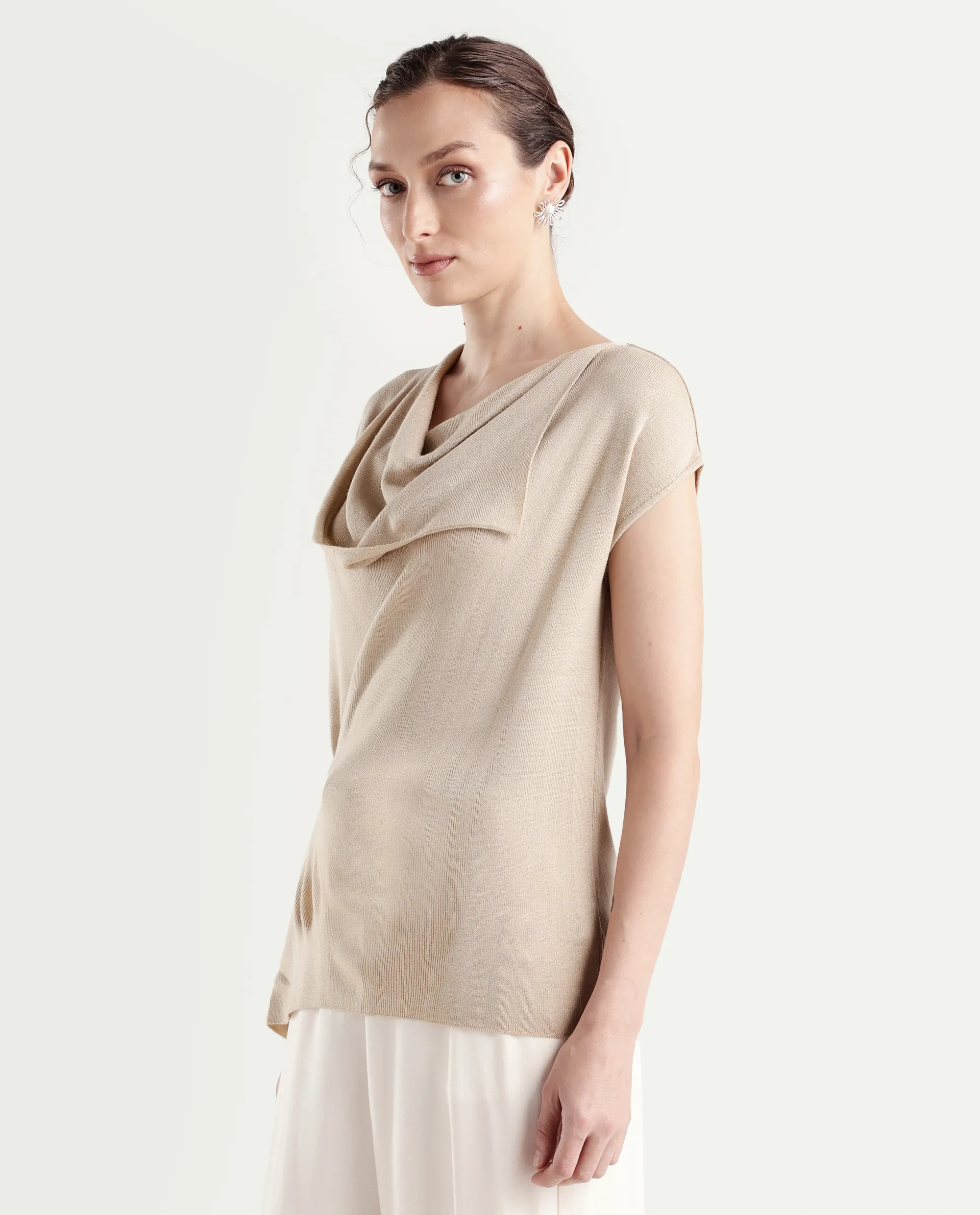 Rareism Women's Star Beige Viscose Blend Half Sleeve Cowl Neck Relaxed Fit Plain Top - Image 5