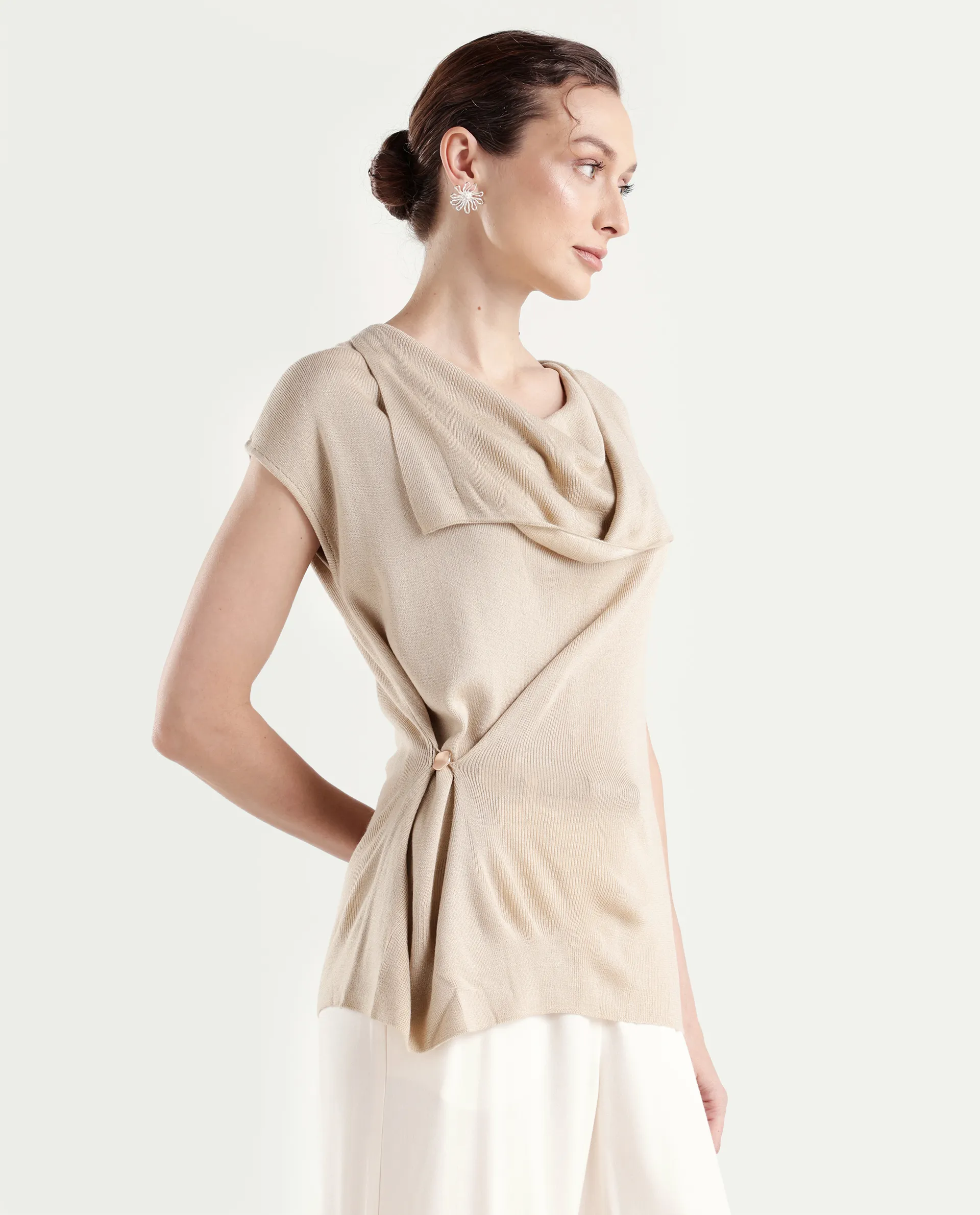 Rareism Women's Star Beige Viscose Blend Half Sleeve Cowl Neck Relaxed Fit Plain Top - Image 6