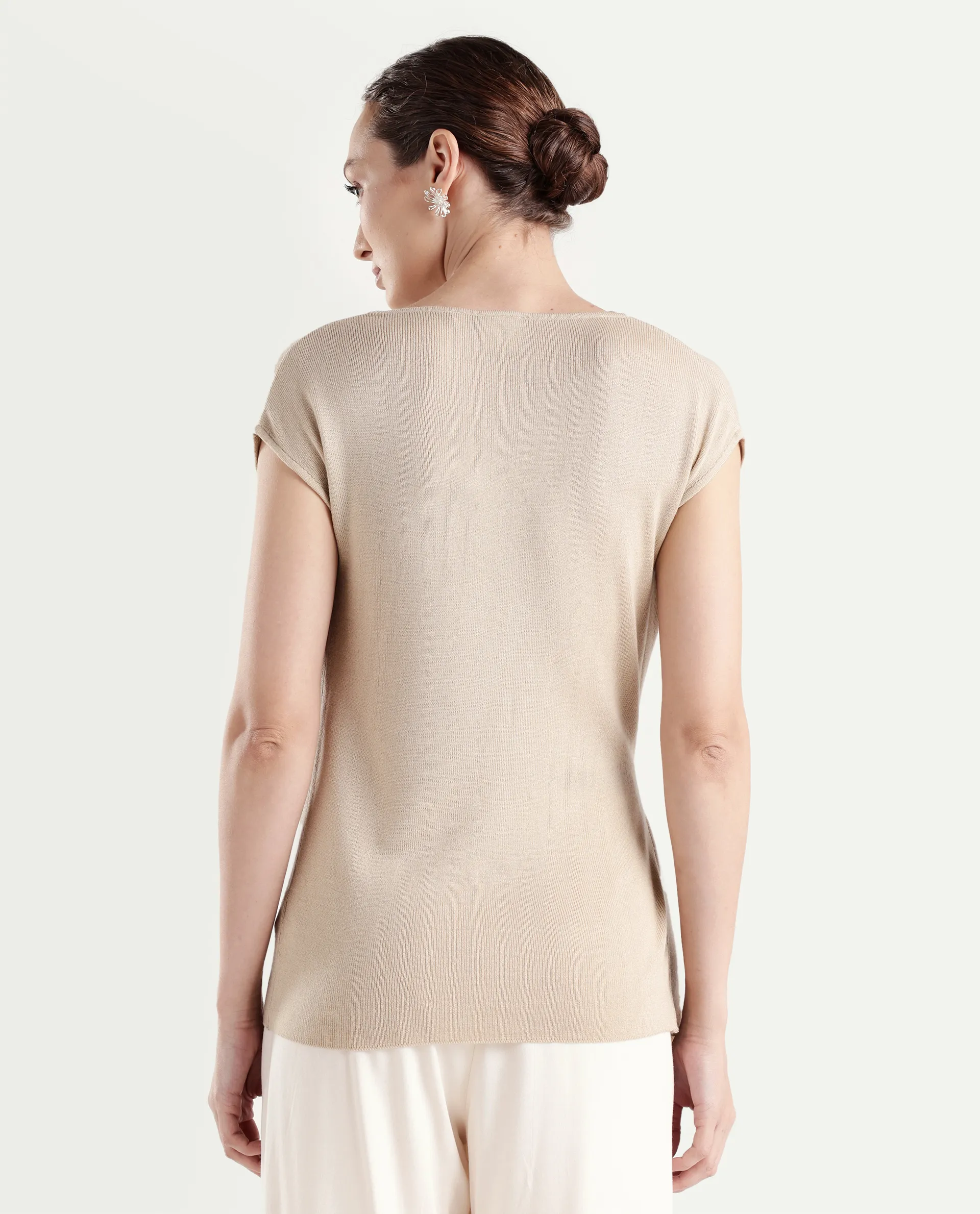 Rareism Women's Star Beige Viscose Blend Half Sleeve Cowl Neck Relaxed Fit Plain Top - Image 7