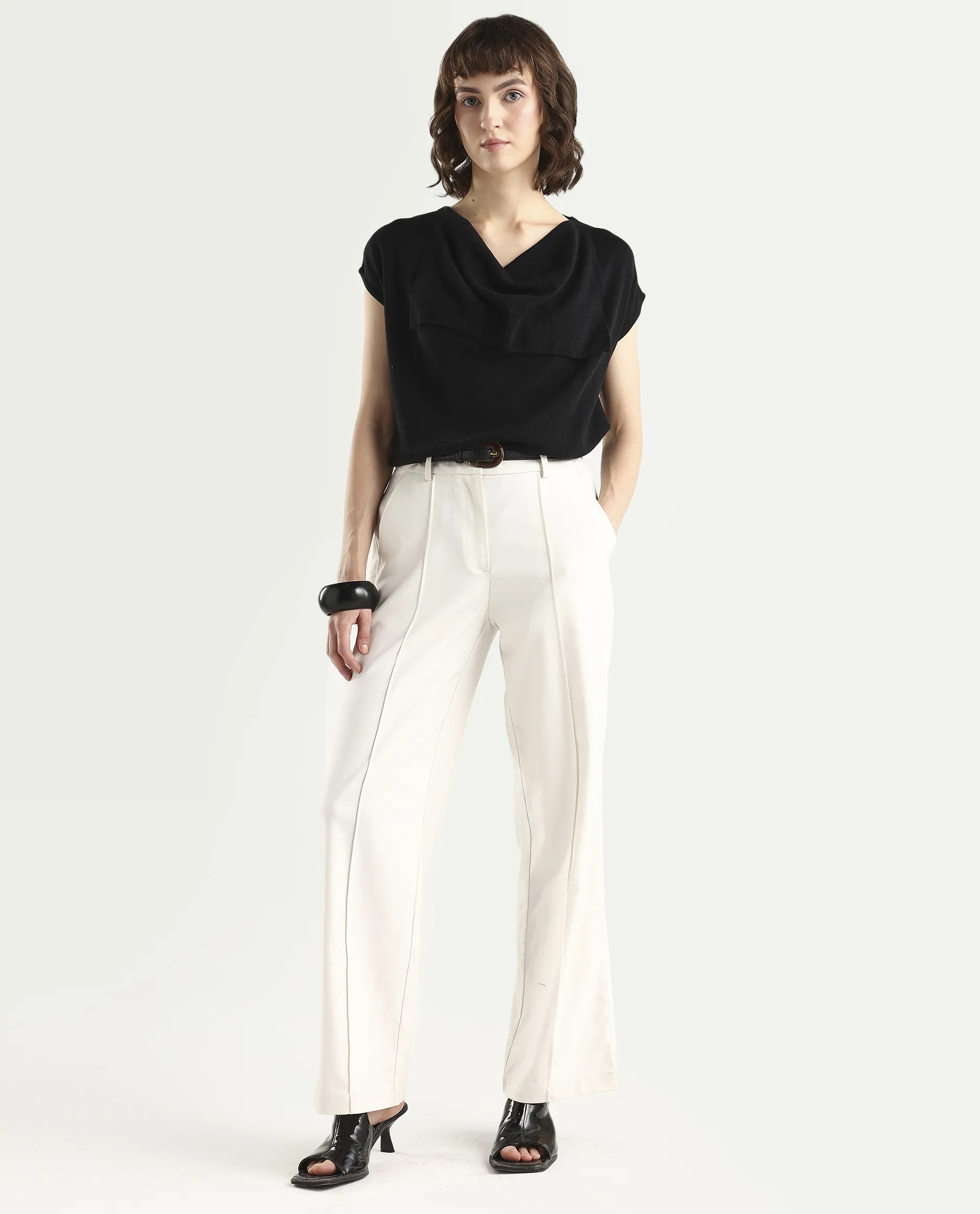 Rareism Women's Star Black Viscose Blend Half Sleeve Cowl Neck Relaxed Fit Plain Top - Image 2