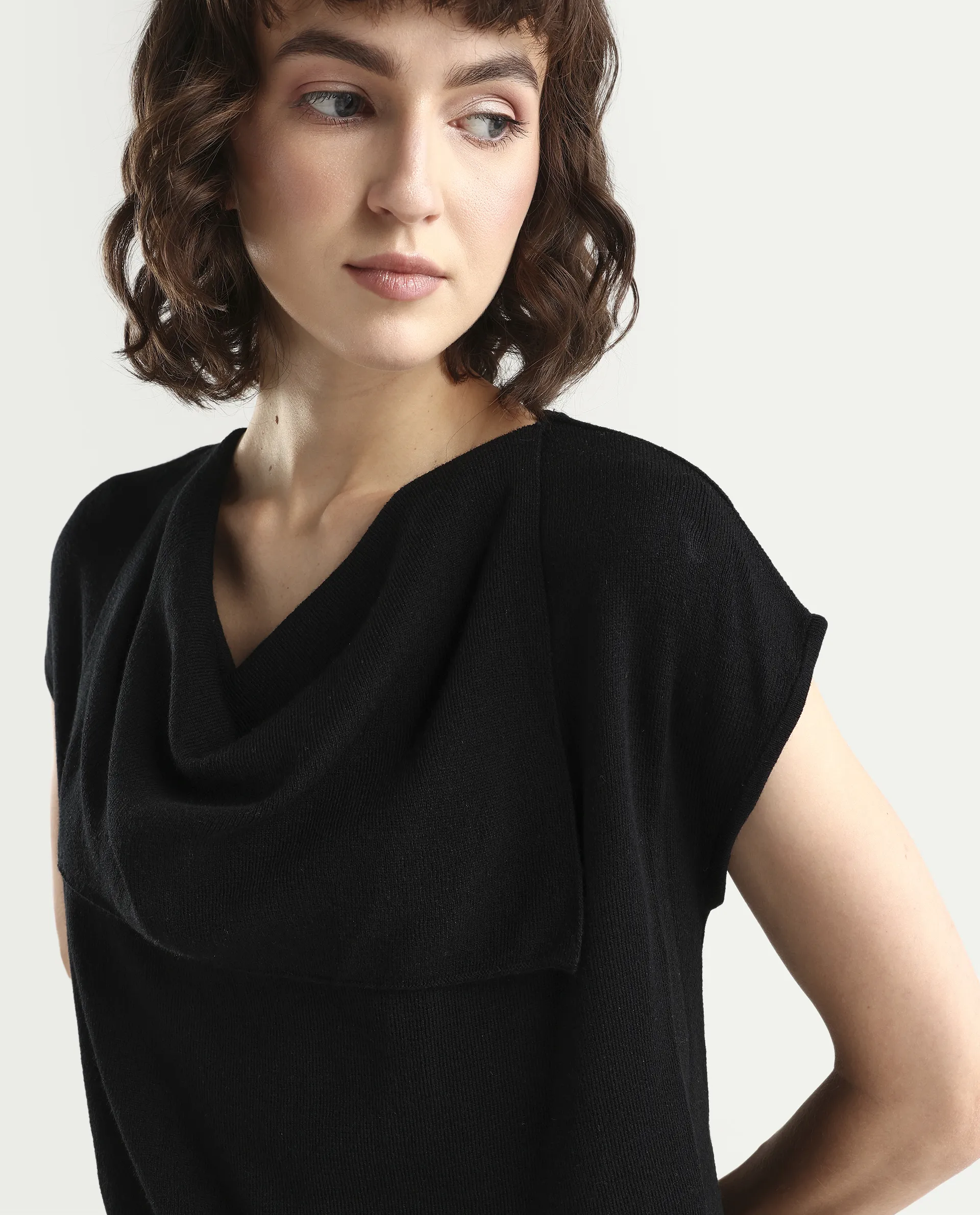 Rareism Women's Star Black Viscose Blend Half Sleeve Cowl Neck Relaxed Fit Plain Top - Image 3