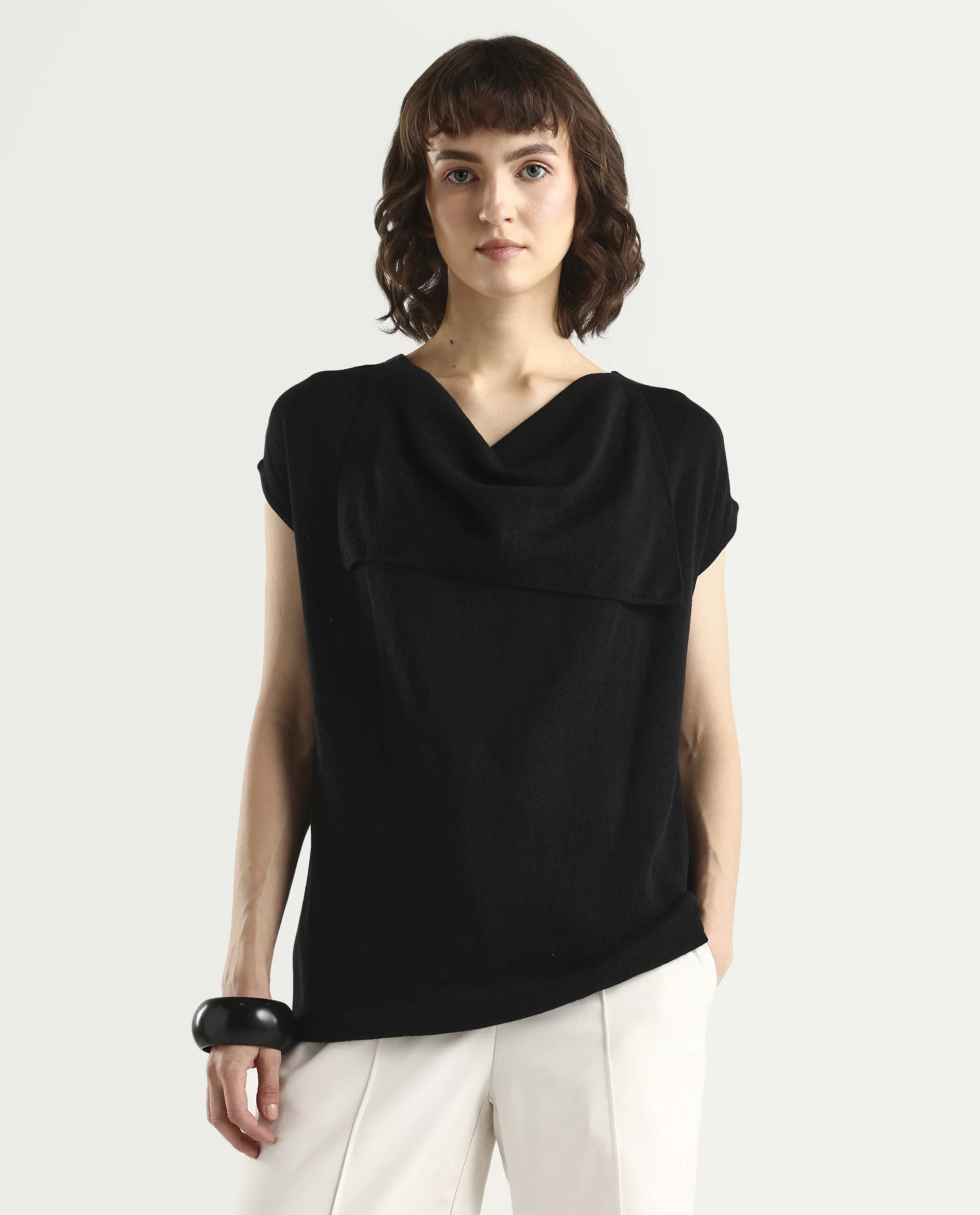 Rareism Women's Star Black Viscose Blend Half Sleeve Cowl Neck Relaxed Fit Plain Top - Image 4