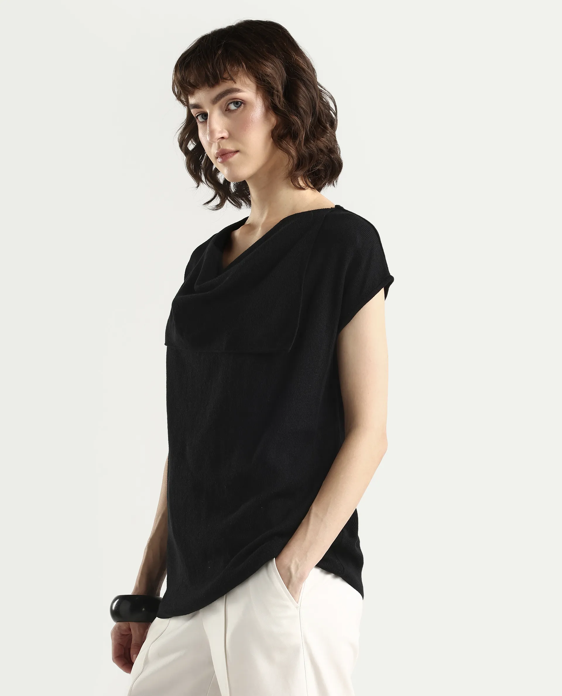 Rareism Women's Star Black Viscose Blend Half Sleeve Cowl Neck Relaxed Fit Plain Top - Image 5