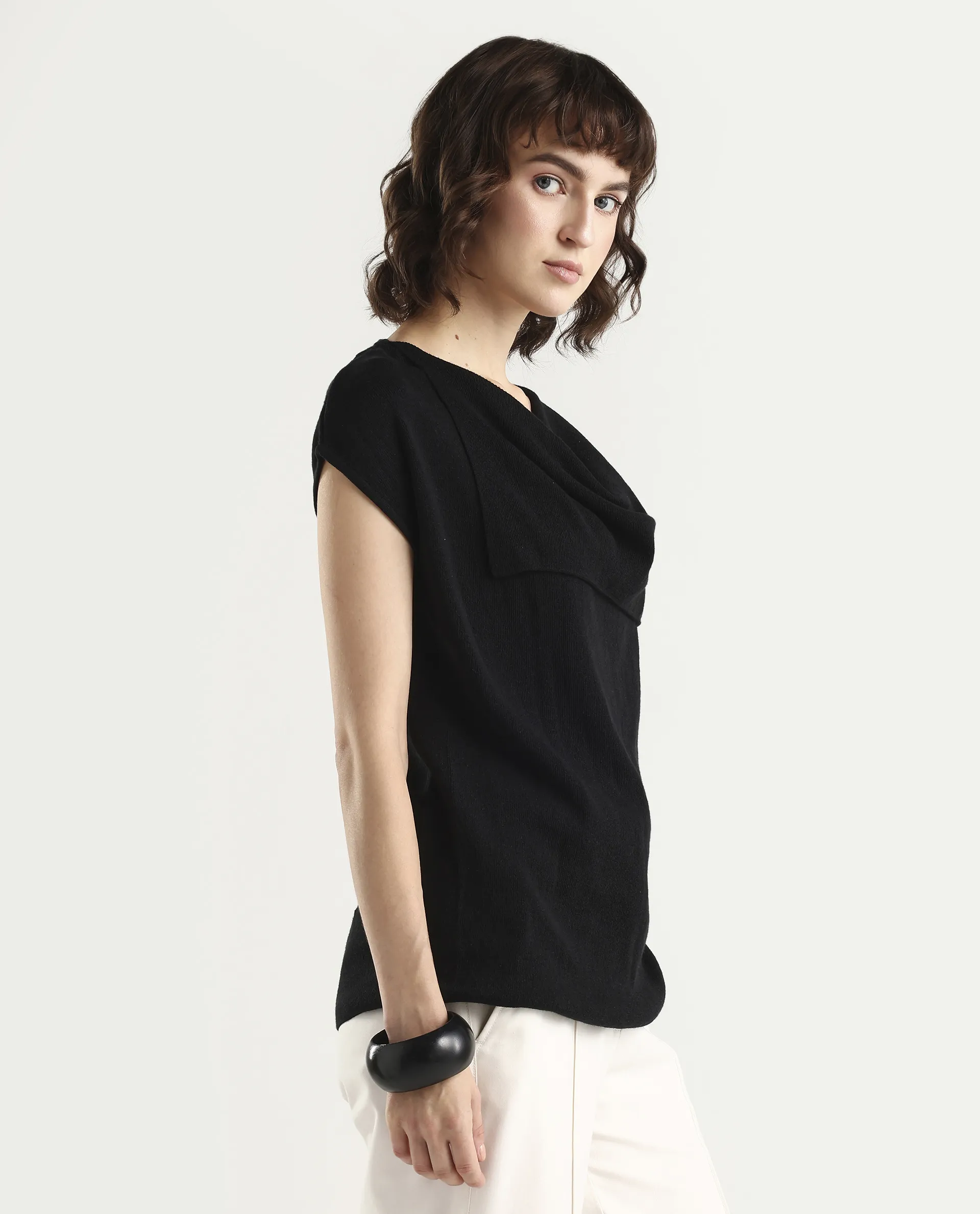 Rareism Women's Star Black Viscose Blend Half Sleeve Cowl Neck Relaxed Fit Plain Top - Image 6