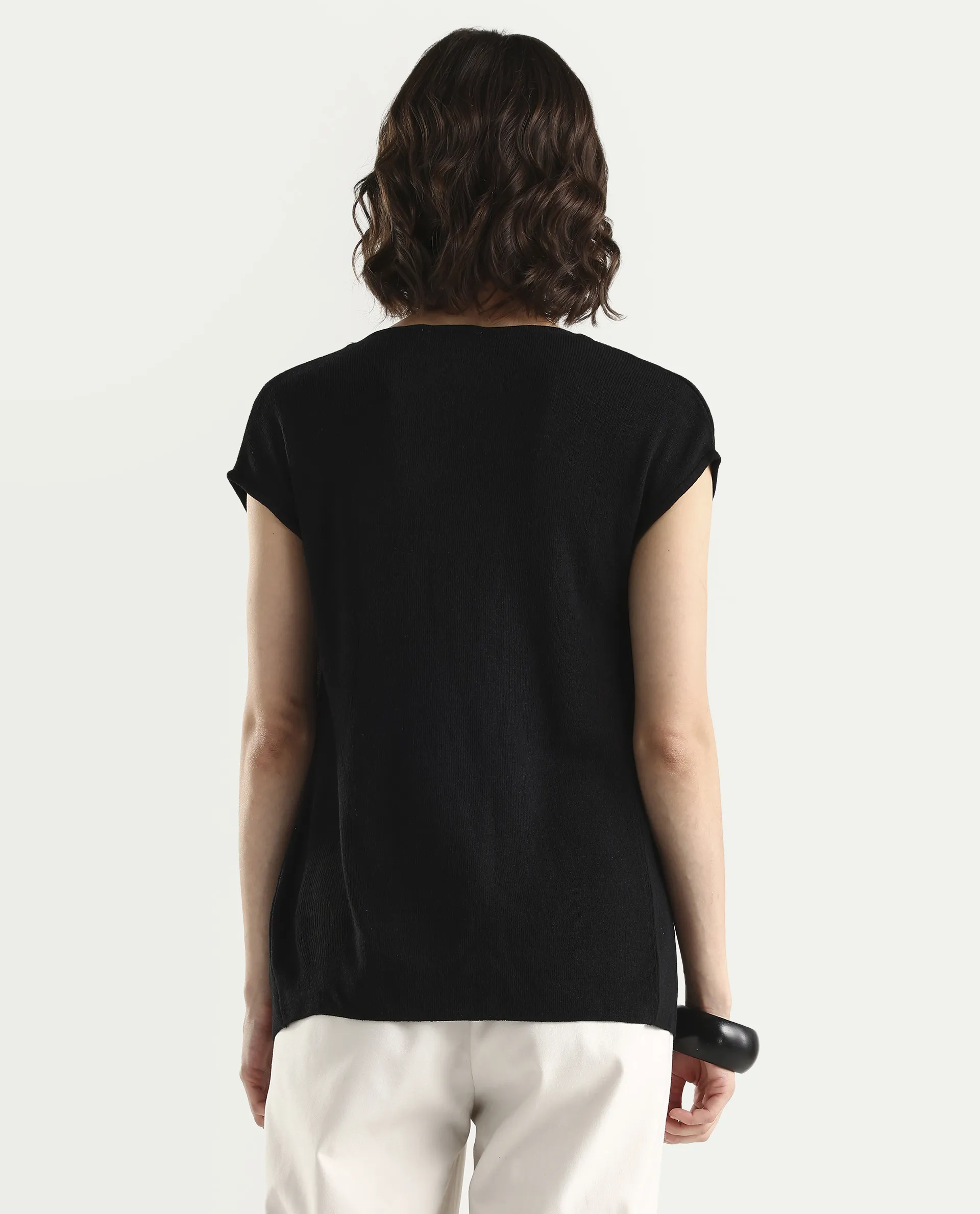 Rareism Women's Star Black Viscose Blend Half Sleeve Cowl Neck Relaxed Fit Plain Top - Image 7