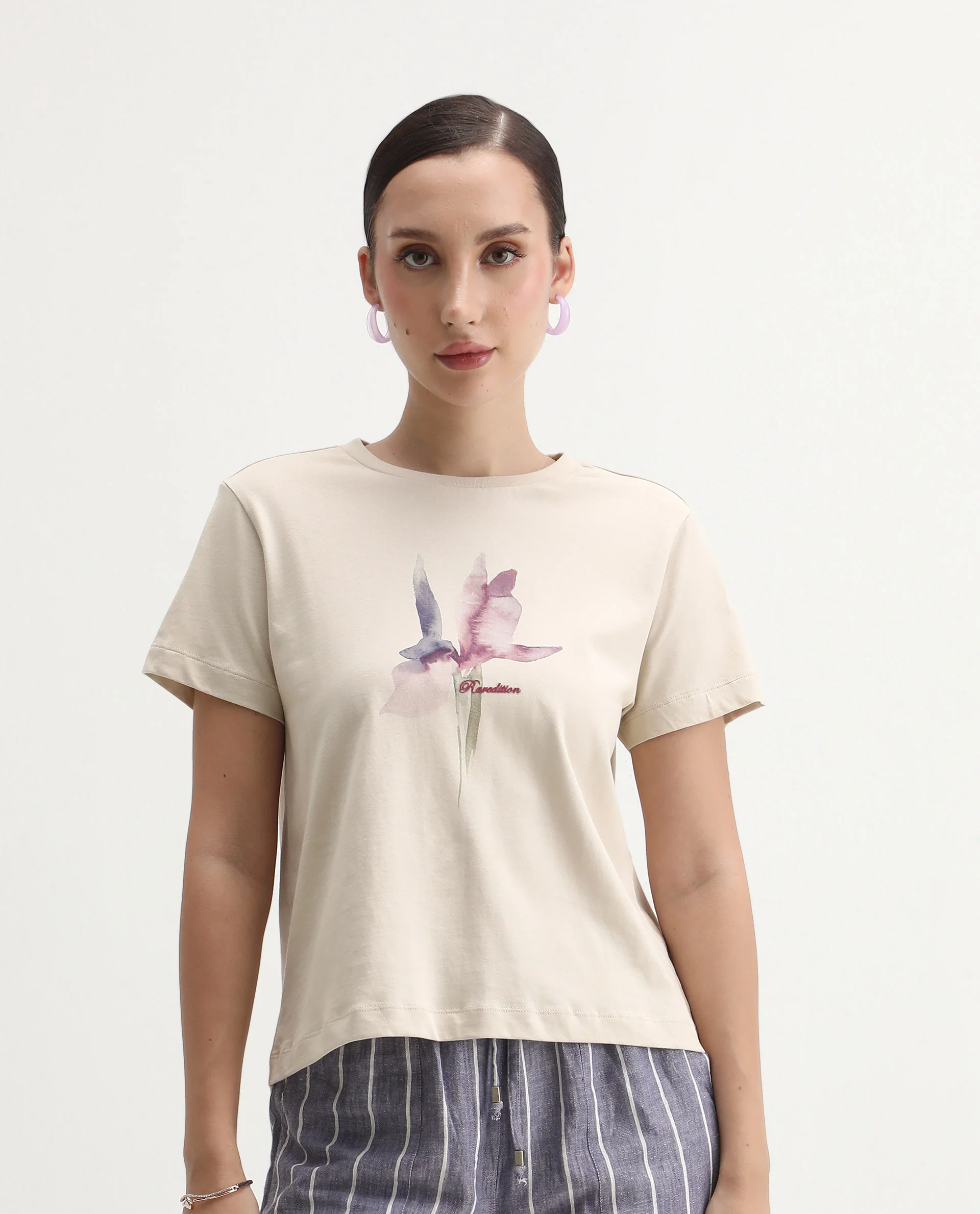 Rareism Women's Starf Beige Cotton Crew Neck Regular Fit T-Shirt - Image 3