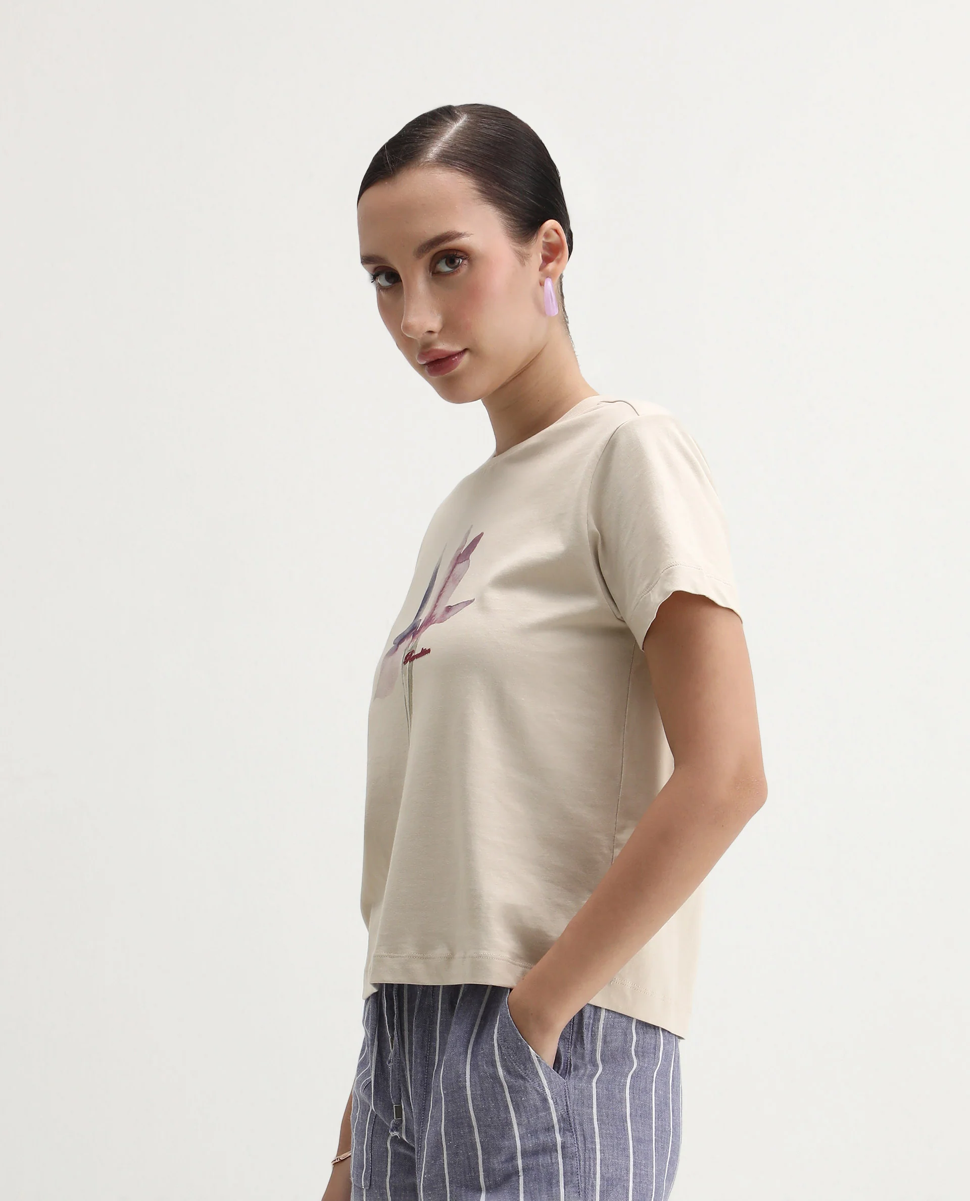 Rareism Women's Starf Beige Cotton Crew Neck Regular Fit T-Shirt - Image 5