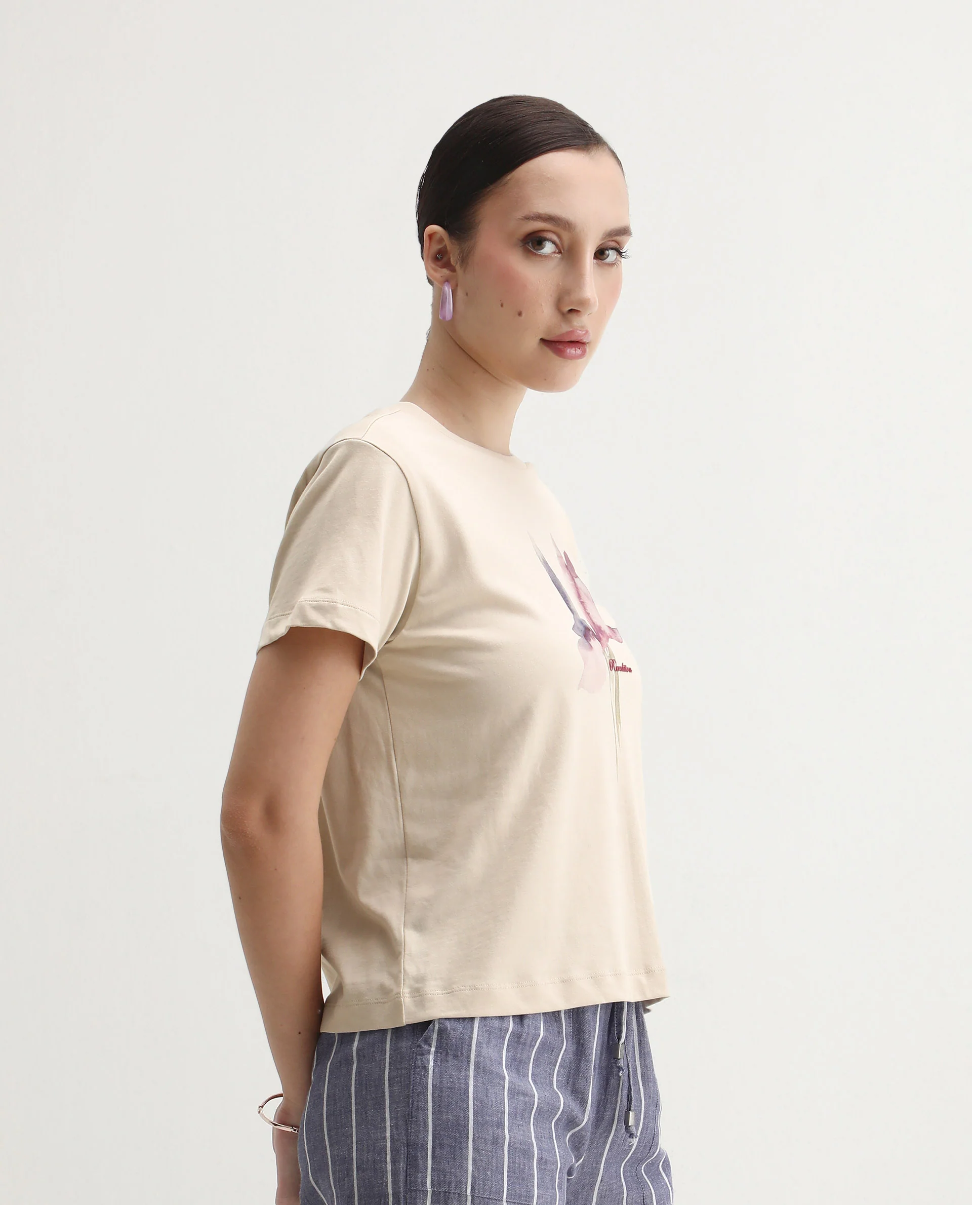 Rareism Women's Starf Beige Cotton Crew Neck Regular Fit T-Shirt - Image 6