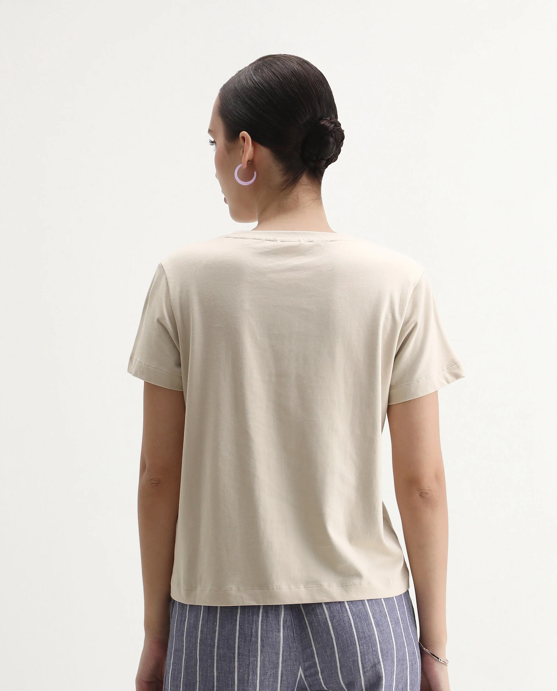 Rareism Women's Starf Beige Cotton Crew Neck Regular Fit T-Shirt - Image 7