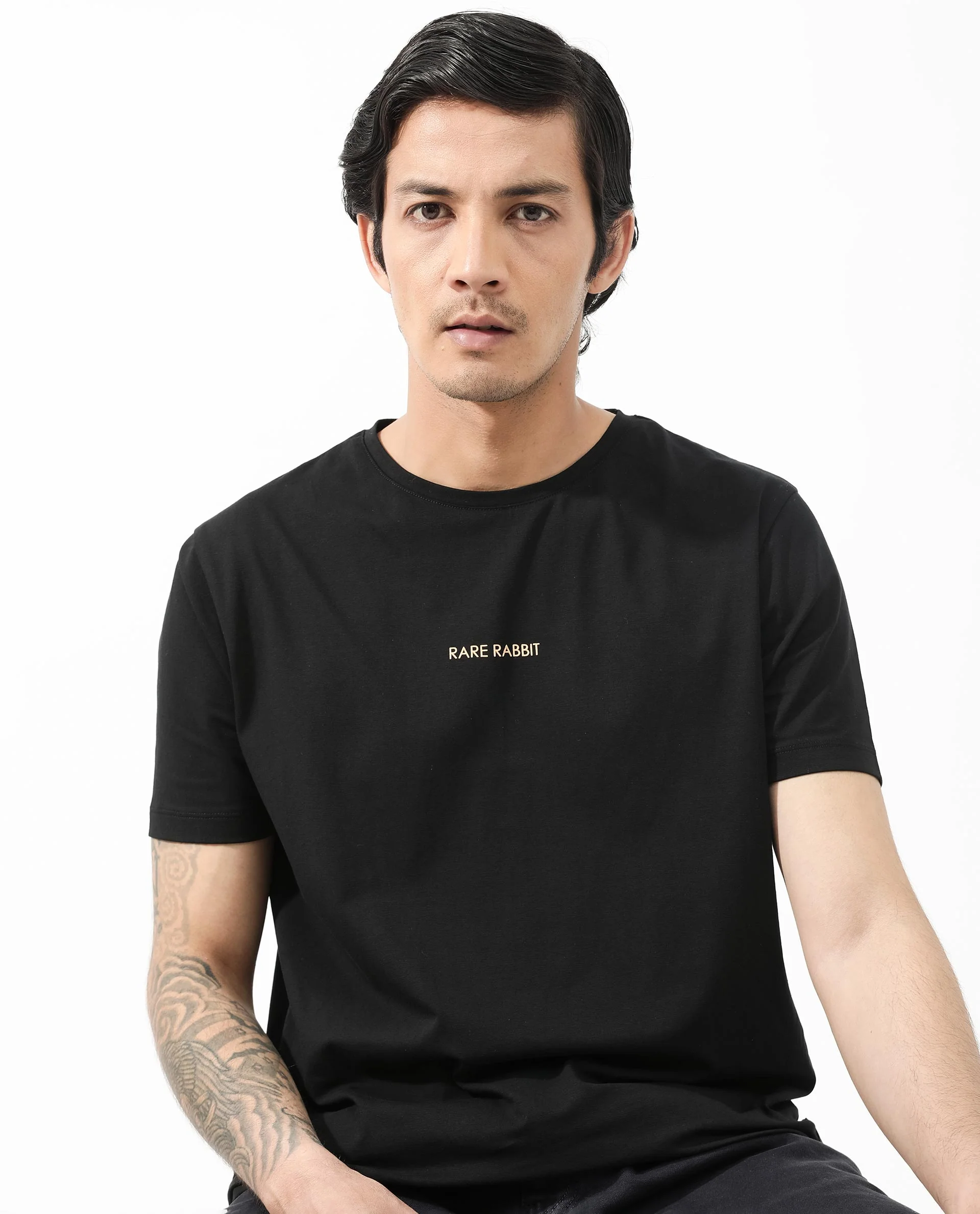 Rare Rabbit Articale Mens Stark Black Cotton Polyester Fabric Short Sleeve Crew Neck Slim Fit Printed T-Shirt - Image 10