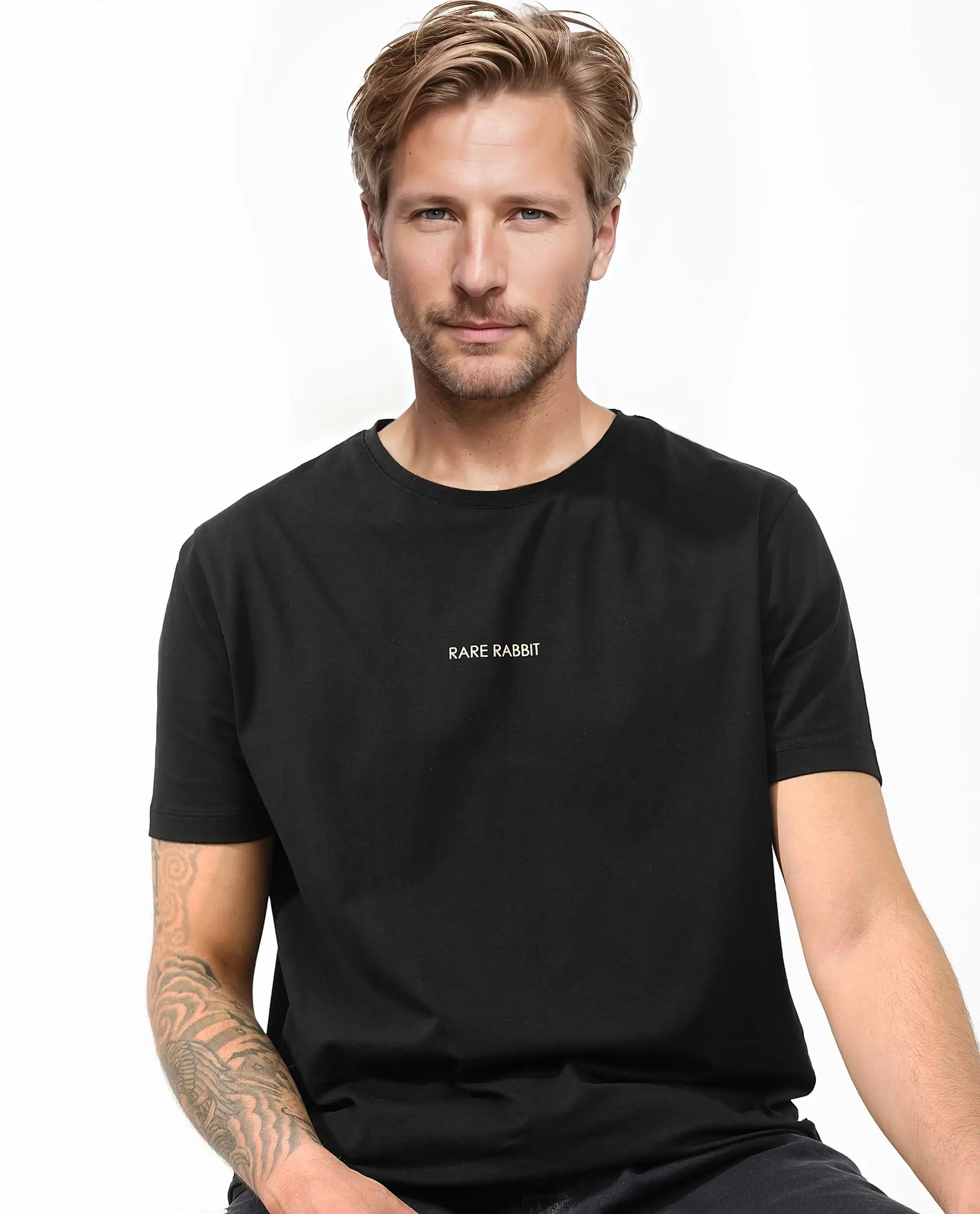 Rare Rabbit Articale Mens Stark Black Cotton Polyester Fabric Short Sleeve Crew Neck Slim Fit Printed T-Shirt - Image 2