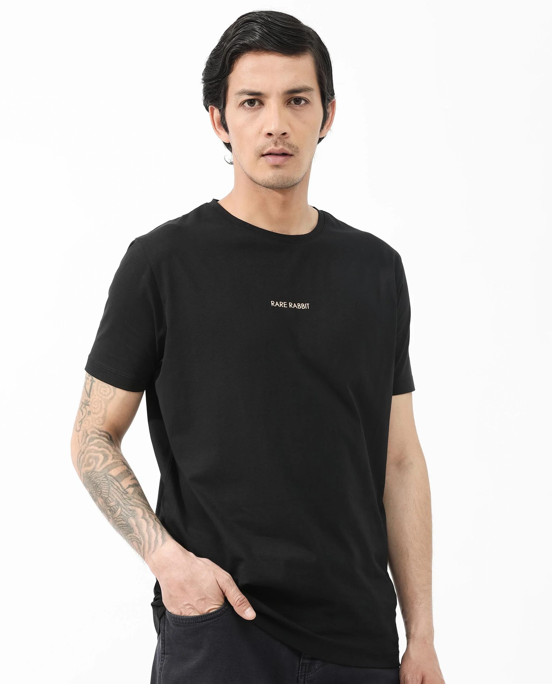 Rare Rabbit Articale Mens Stark Black Cotton Polyester Fabric Short Sleeve Crew Neck Slim Fit Printed T-Shirt - Image 8