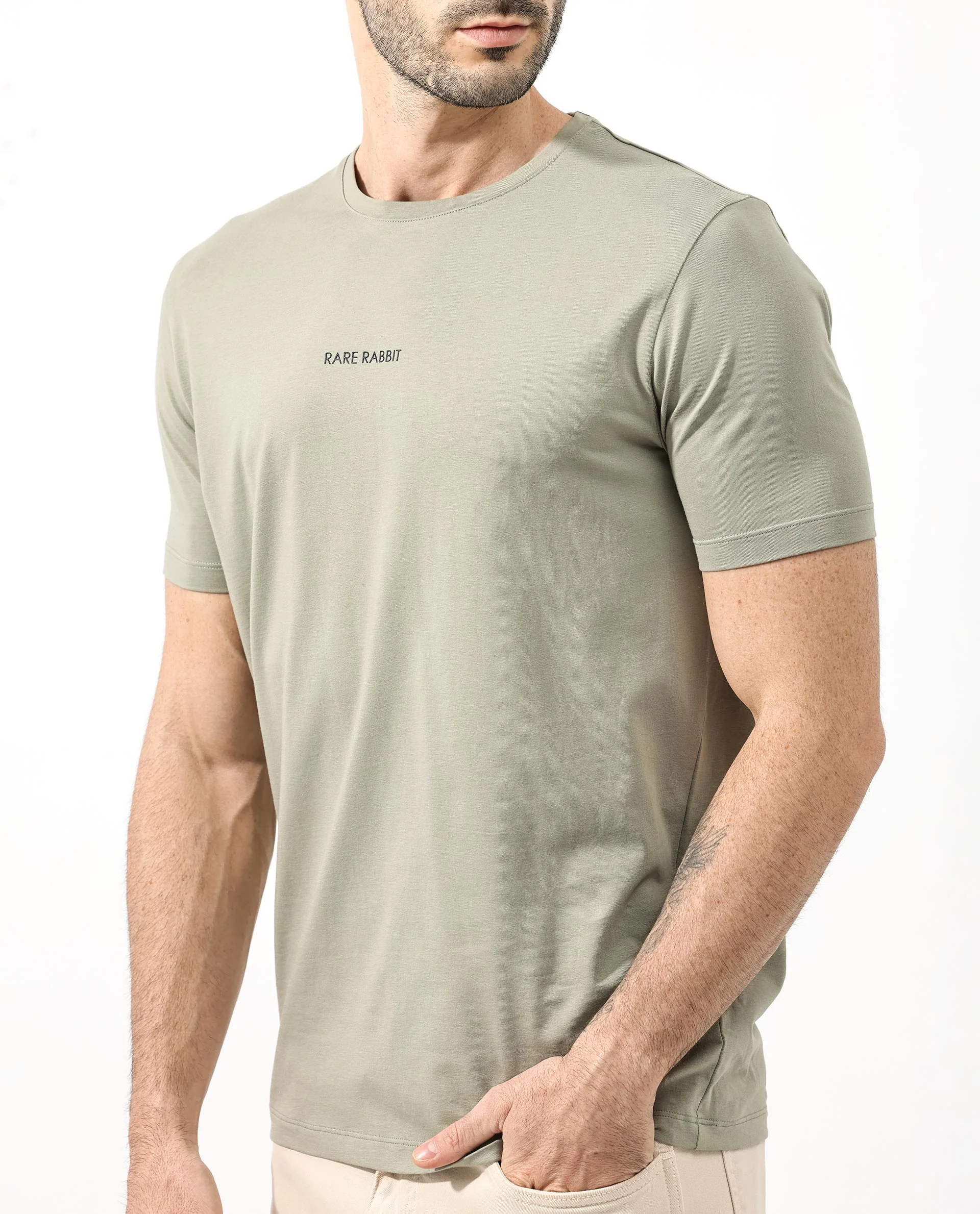 Rare Rabbit Articale Mens Stark Dusky Green Cotton Polyester Fabric Short Sleeve Crew Neck Regular Fit Printed T-Shirt - Image 7