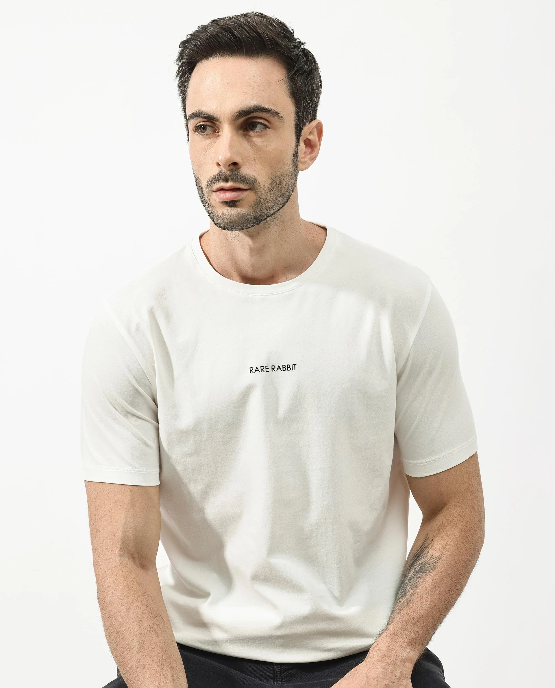Rare Rabbit Articale Mens Stark Off White Cotton Polyester Fabric Short Sleeve Crew Neck Regular Fit Printed T-Shirt - Image 4