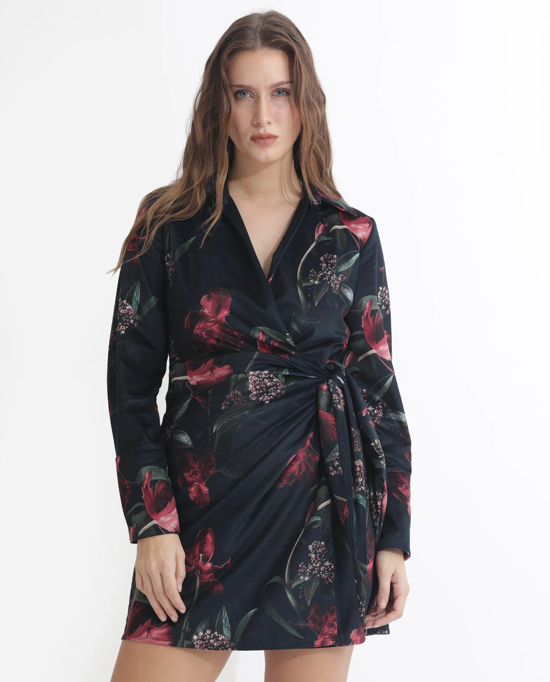 Rareism Women's Starle Black Velvet V-Neck Floral Print Mini Regular Fit Dress