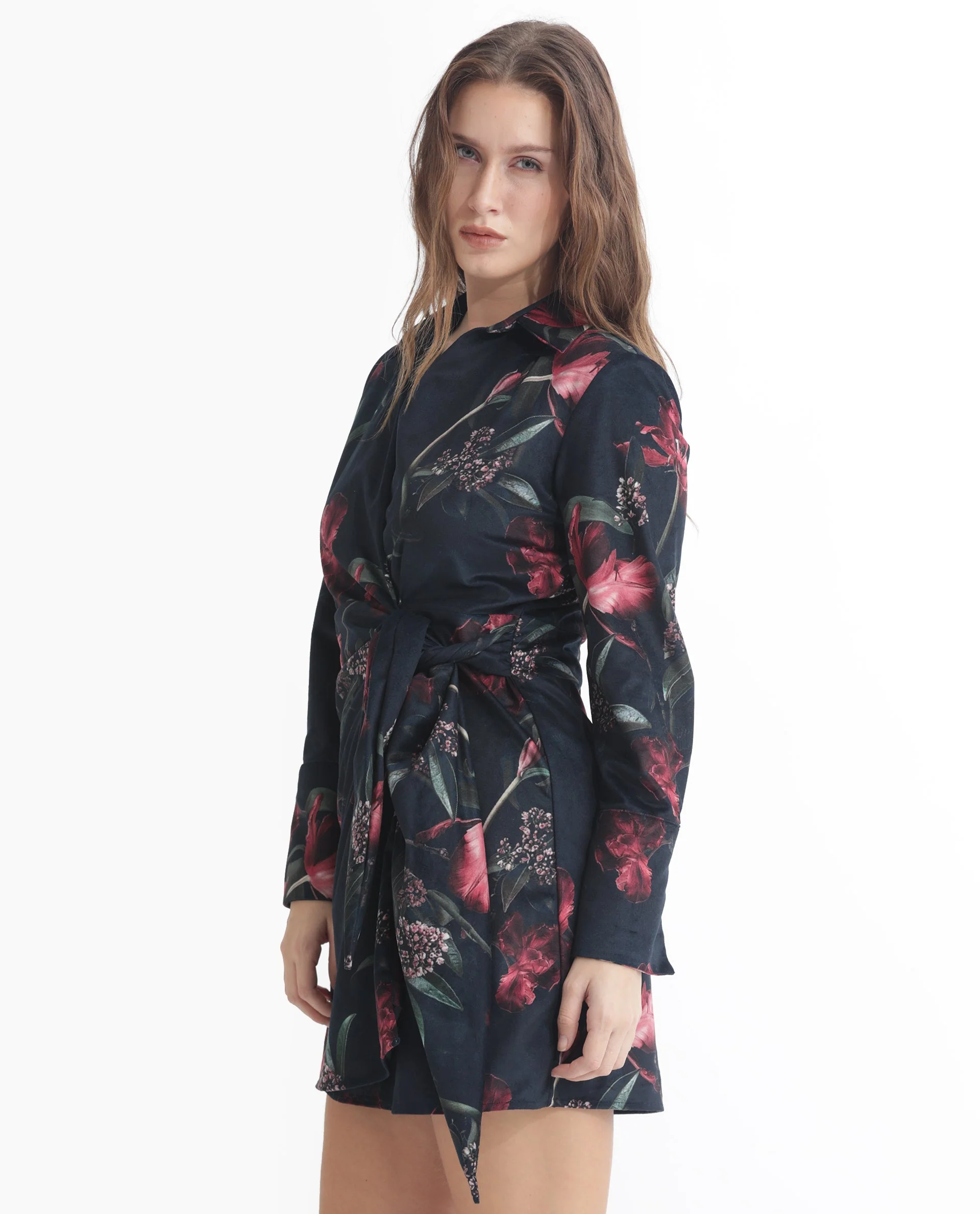 Rareism Women's Starle Black Velvet V-Neck Floral Print Mini Regular Fit Dress - Image 7