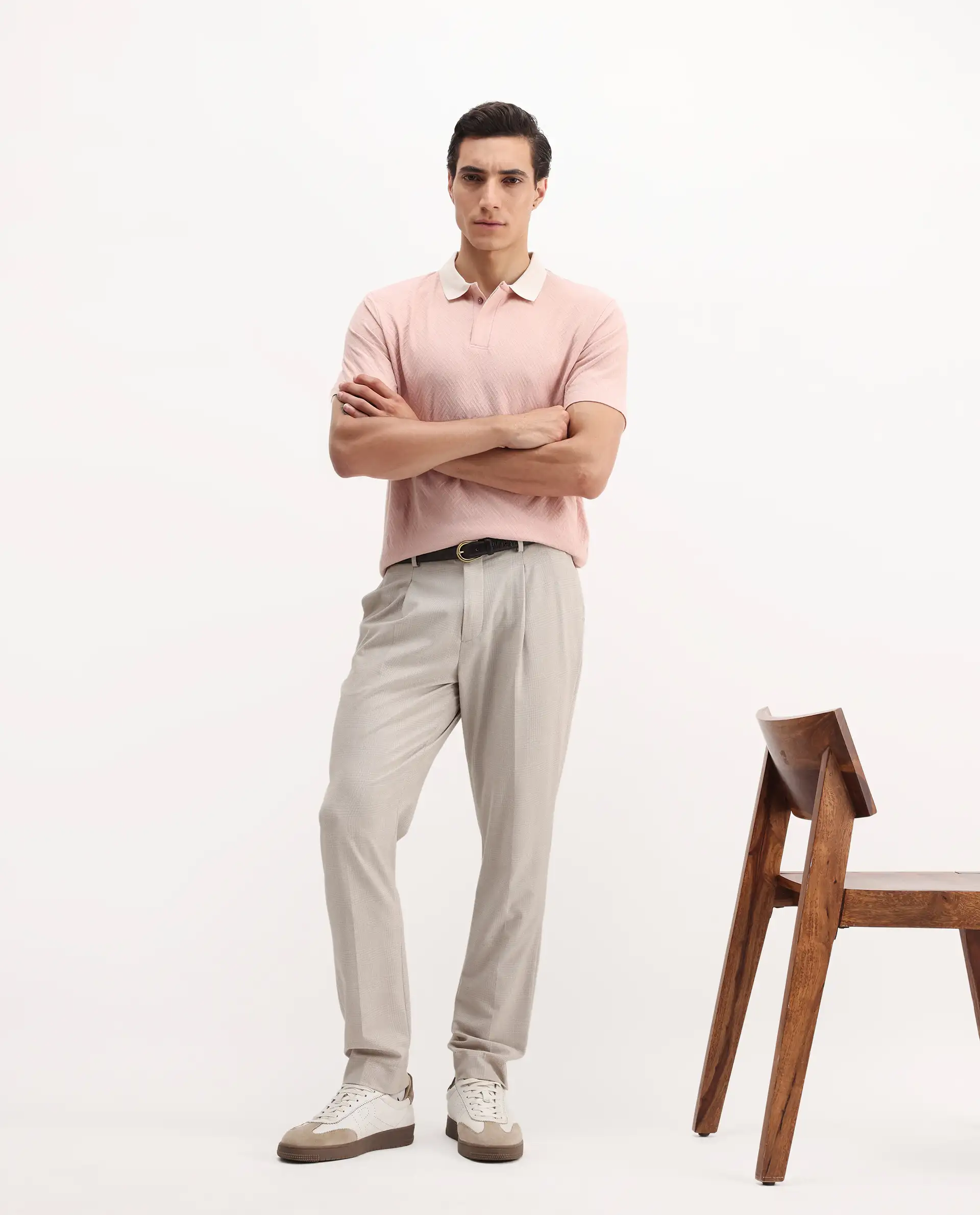 Rare Rabbit Men's State-1 Pastel Pink Cotton Jacquard Regular Fit Half Sleeve Polo - Image 2