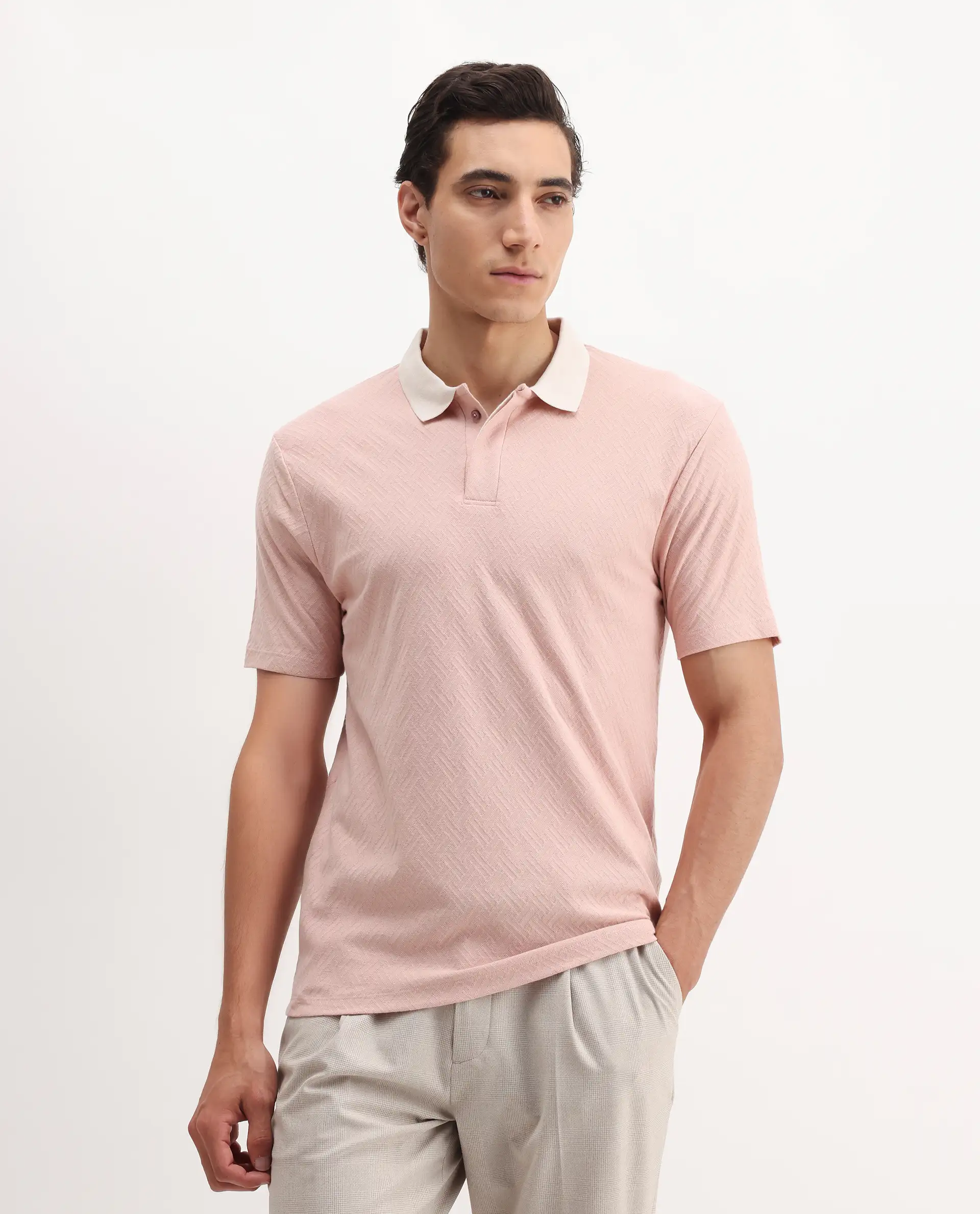 Rare Rabbit Men's State-1 Pastel Pink Cotton Jacquard Regular Fit Half Sleeve Polo - Image 3