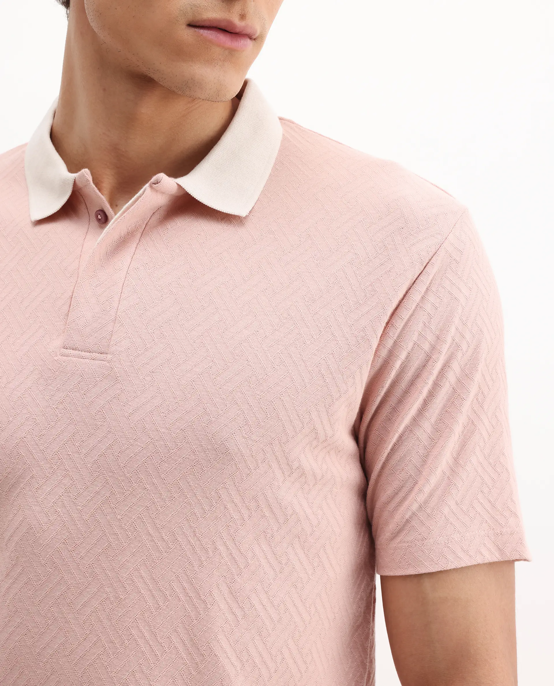 Rare Rabbit Men's State-1 Pastel Pink Cotton Jacquard Regular Fit Half Sleeve Polo - Image 4