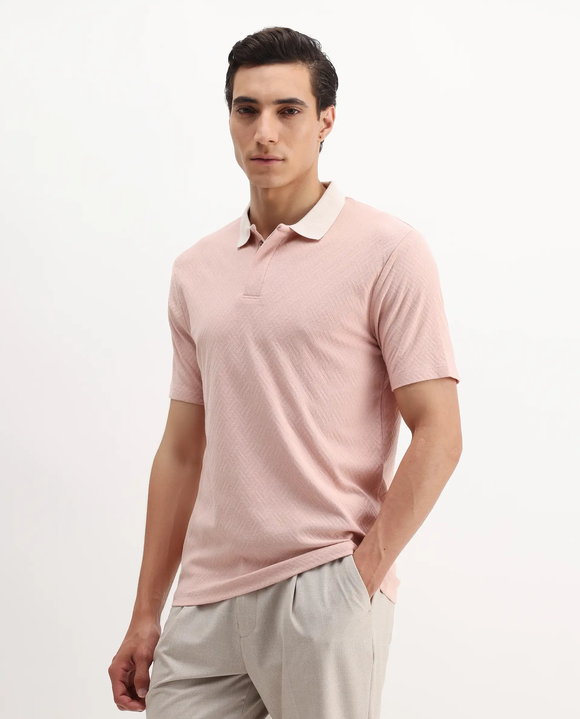 Rare Rabbit Men's State-1 Pastel Pink Cotton Jacquard Regular Fit Half Sleeve Polo - Image 5