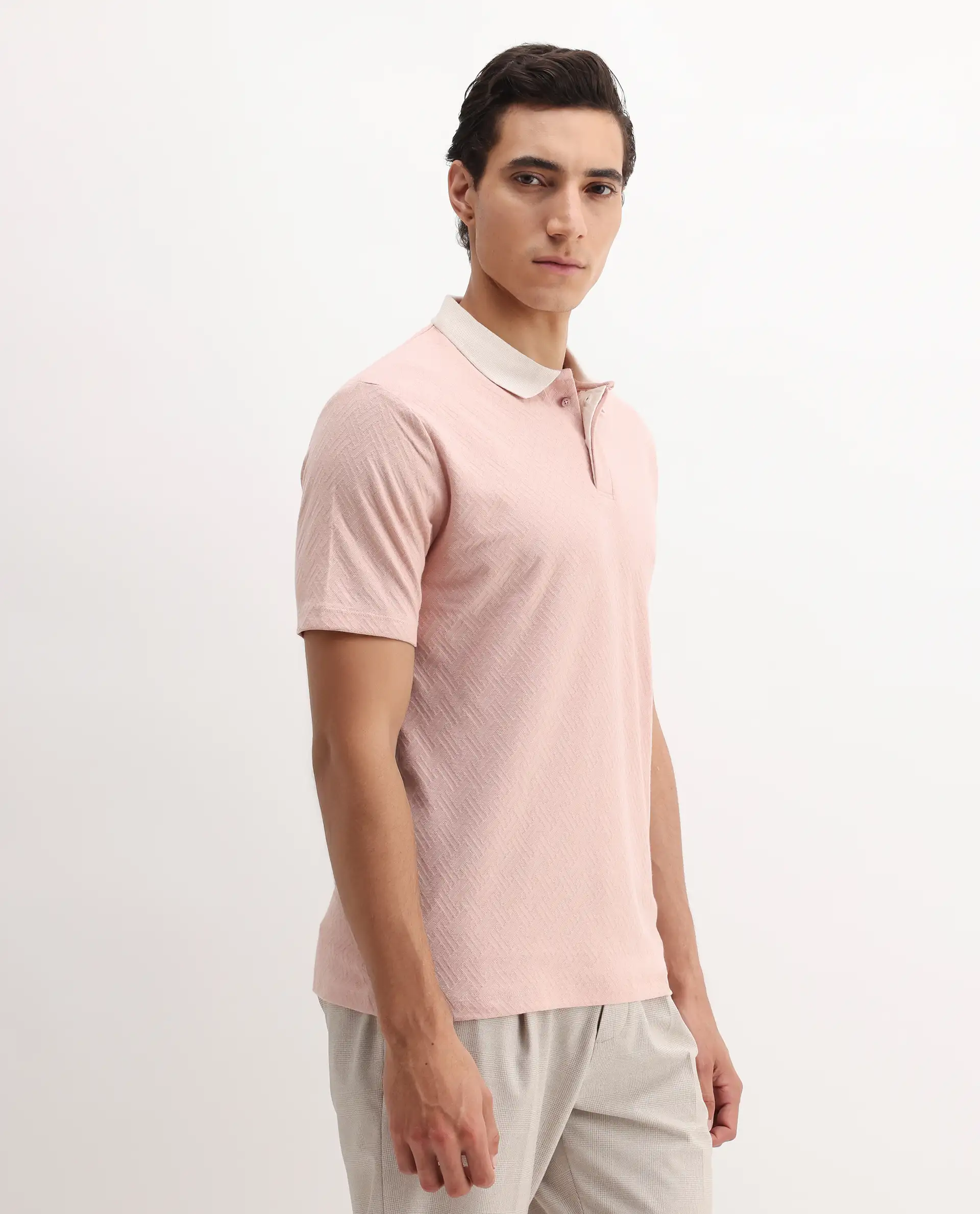 Rare Rabbit Men's State-1 Pastel Pink Cotton Jacquard Regular Fit Half Sleeve Polo - Image 6