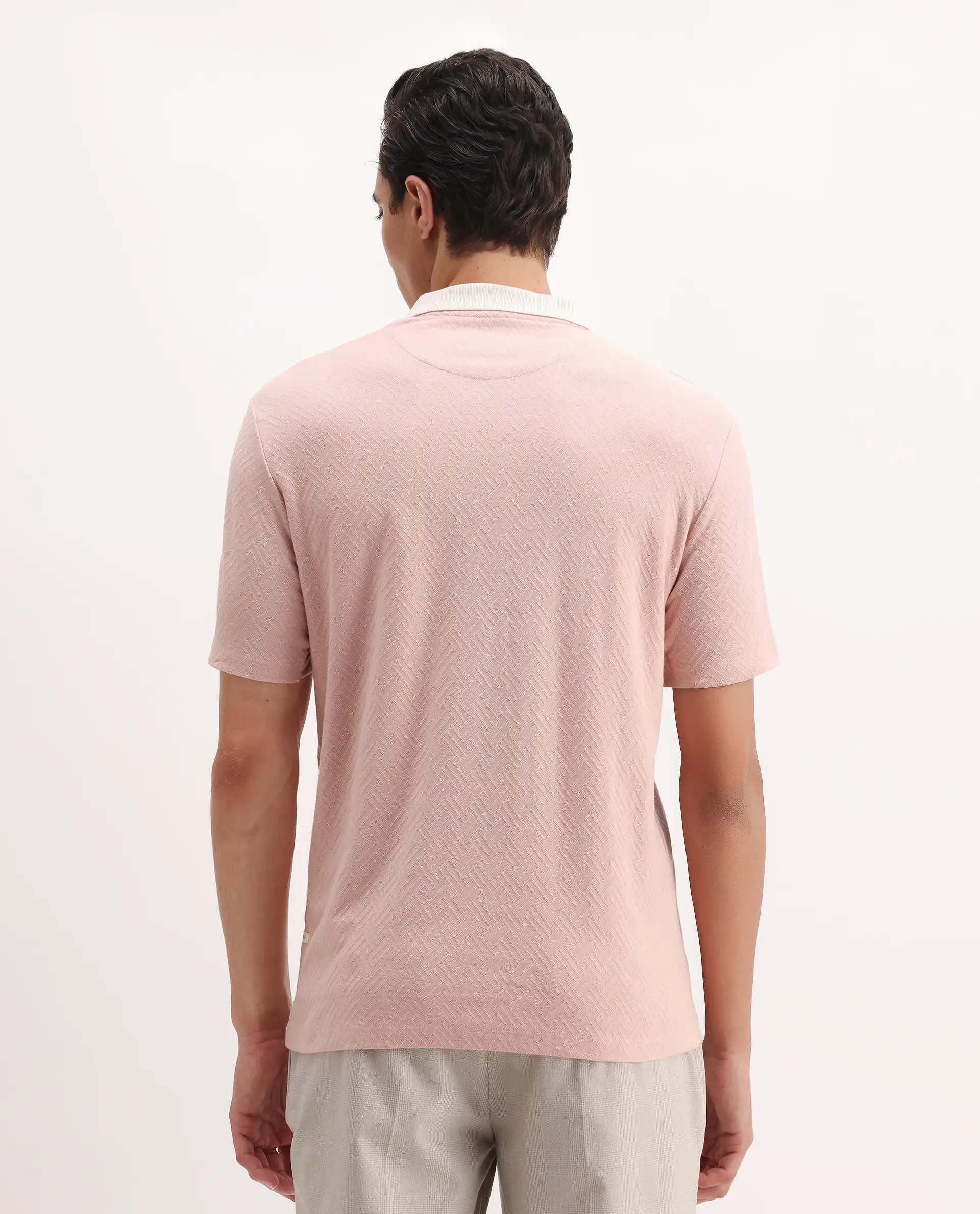 Rare Rabbit Men's State-1 Pastel Pink Cotton Jacquard Regular Fit Half Sleeve Polo - Image 7
