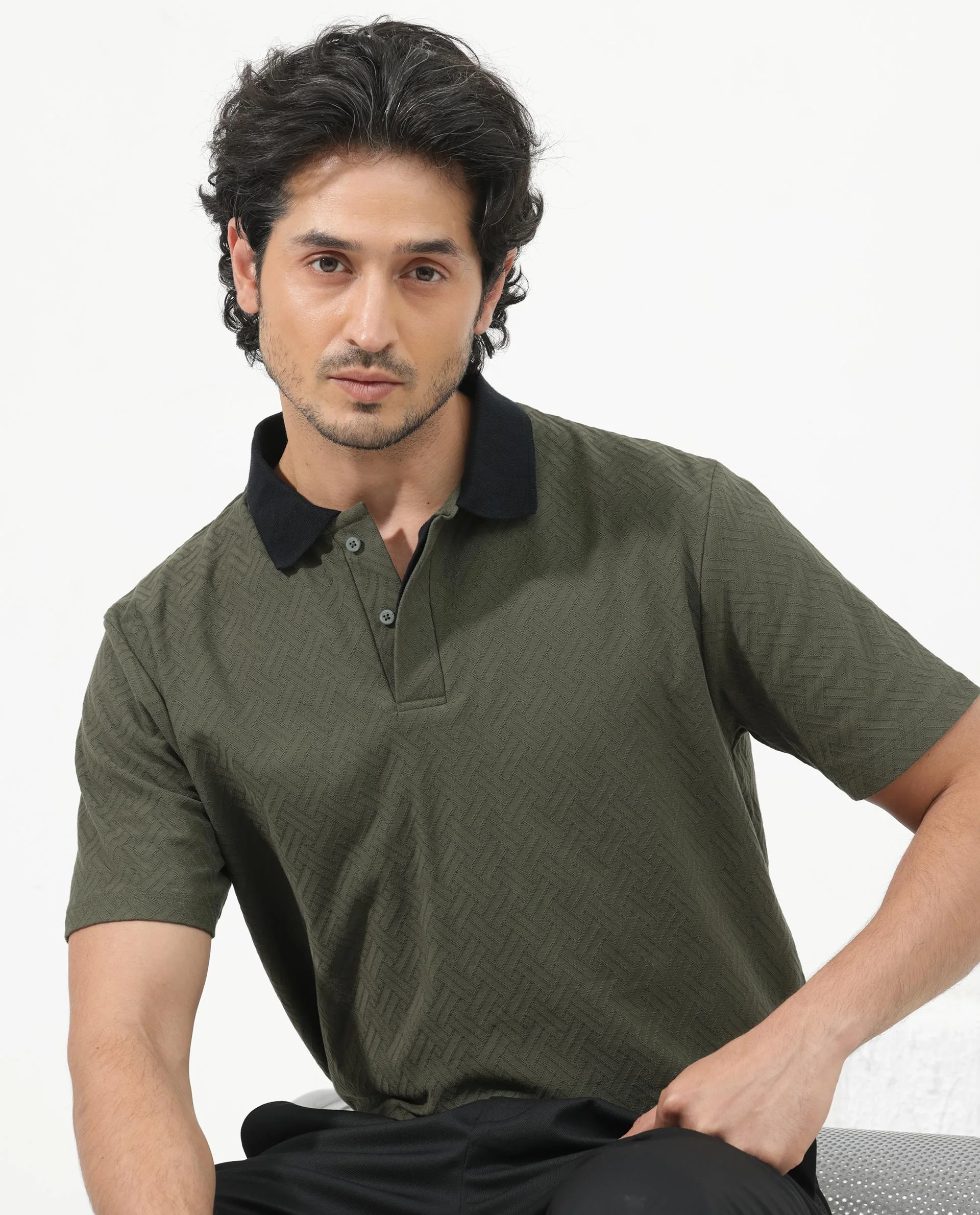 Rare Rabbit Men's State Olive Cotton Jacquard Regular Fit Half Sleeve Polo