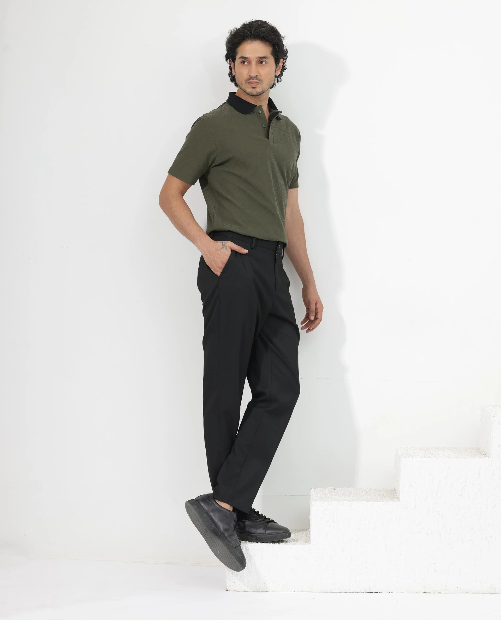 Rare Rabbit Men's State Olive Cotton Jacquard Regular Fit Half Sleeve Polo - Image 2