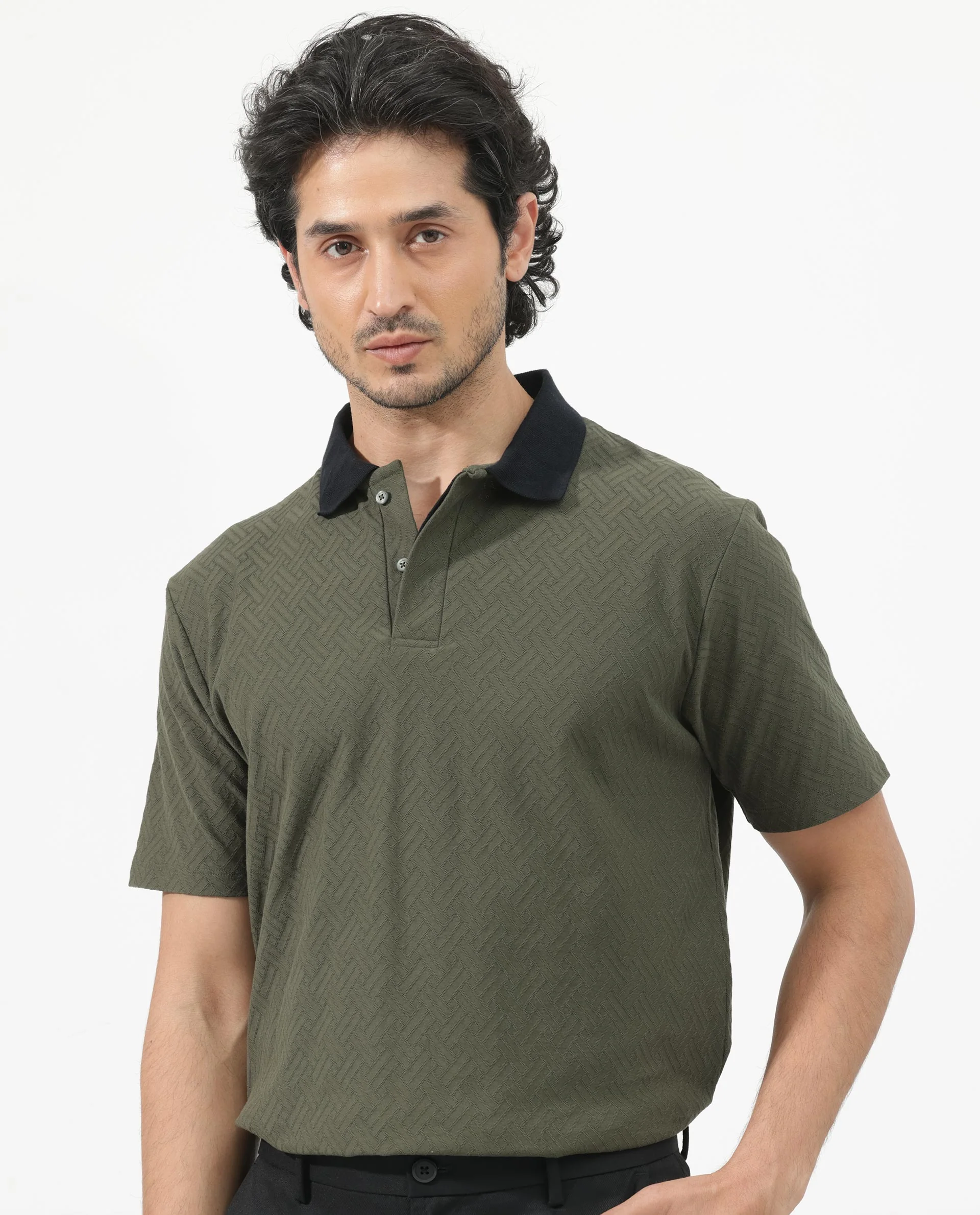 Rare Rabbit Men's State Olive Cotton Jacquard Regular Fit Half Sleeve Polo - Image 3