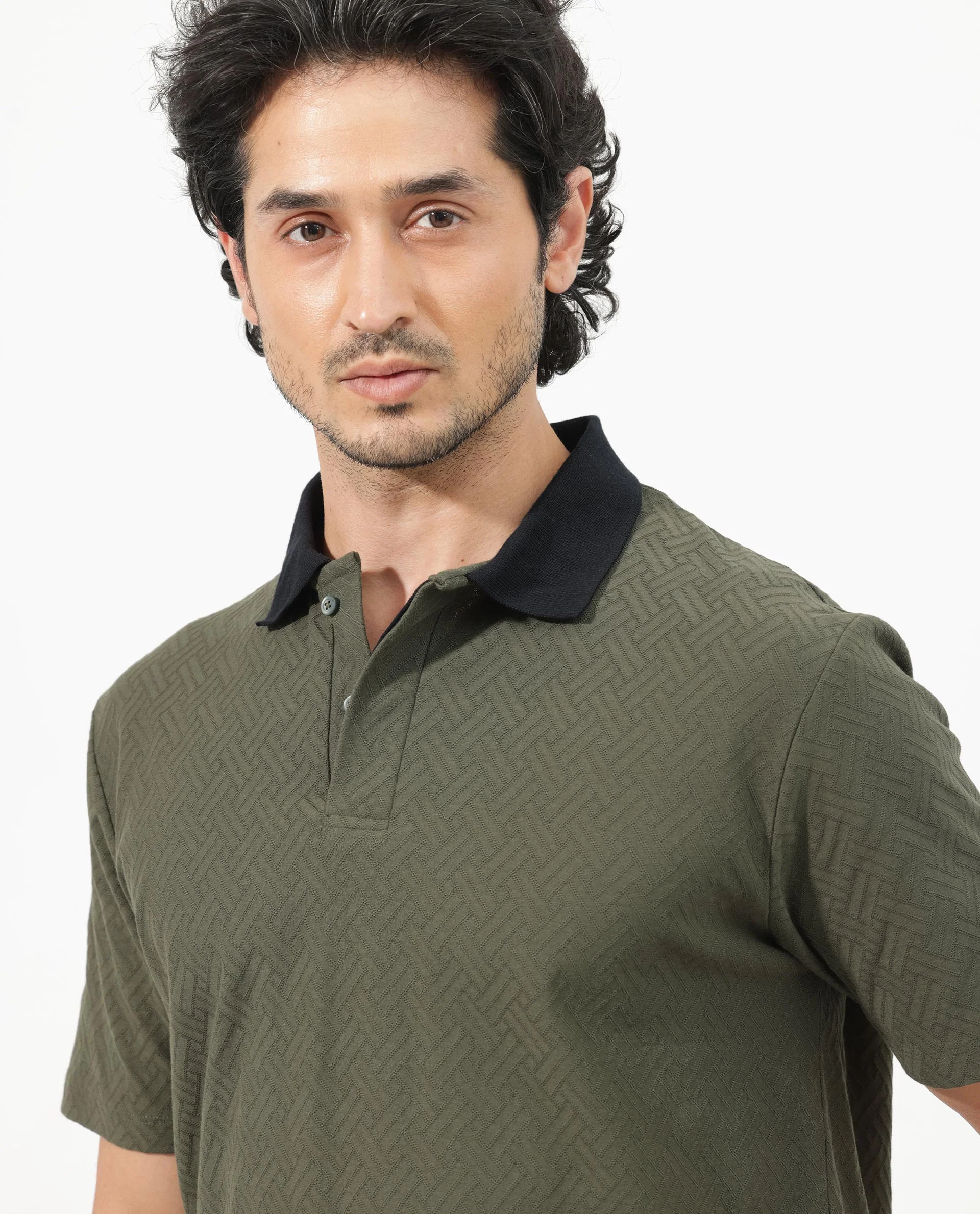 Rare Rabbit Men's State Olive Cotton Jacquard Regular Fit Half Sleeve Polo - Image 4