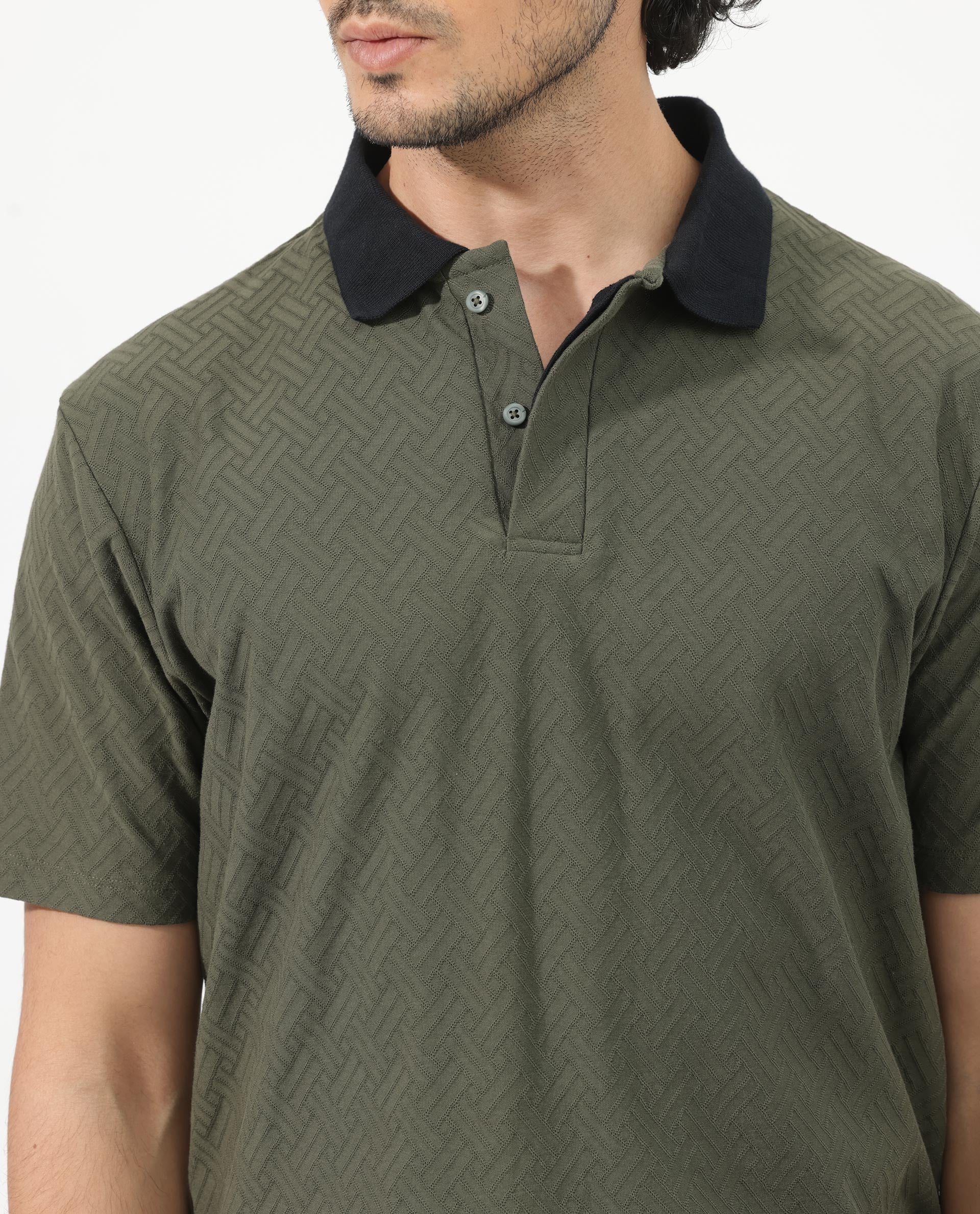 Rare Rabbit Men's State Olive Cotton Jacquard Regular Fit Half Sleeve Polo - Image 5
